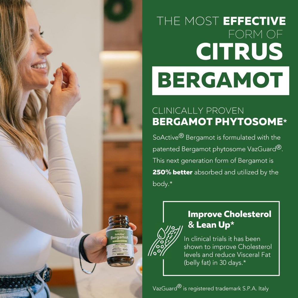 Triquetra Health SoActive Bergamot fruit close-up highlights citrus profile.