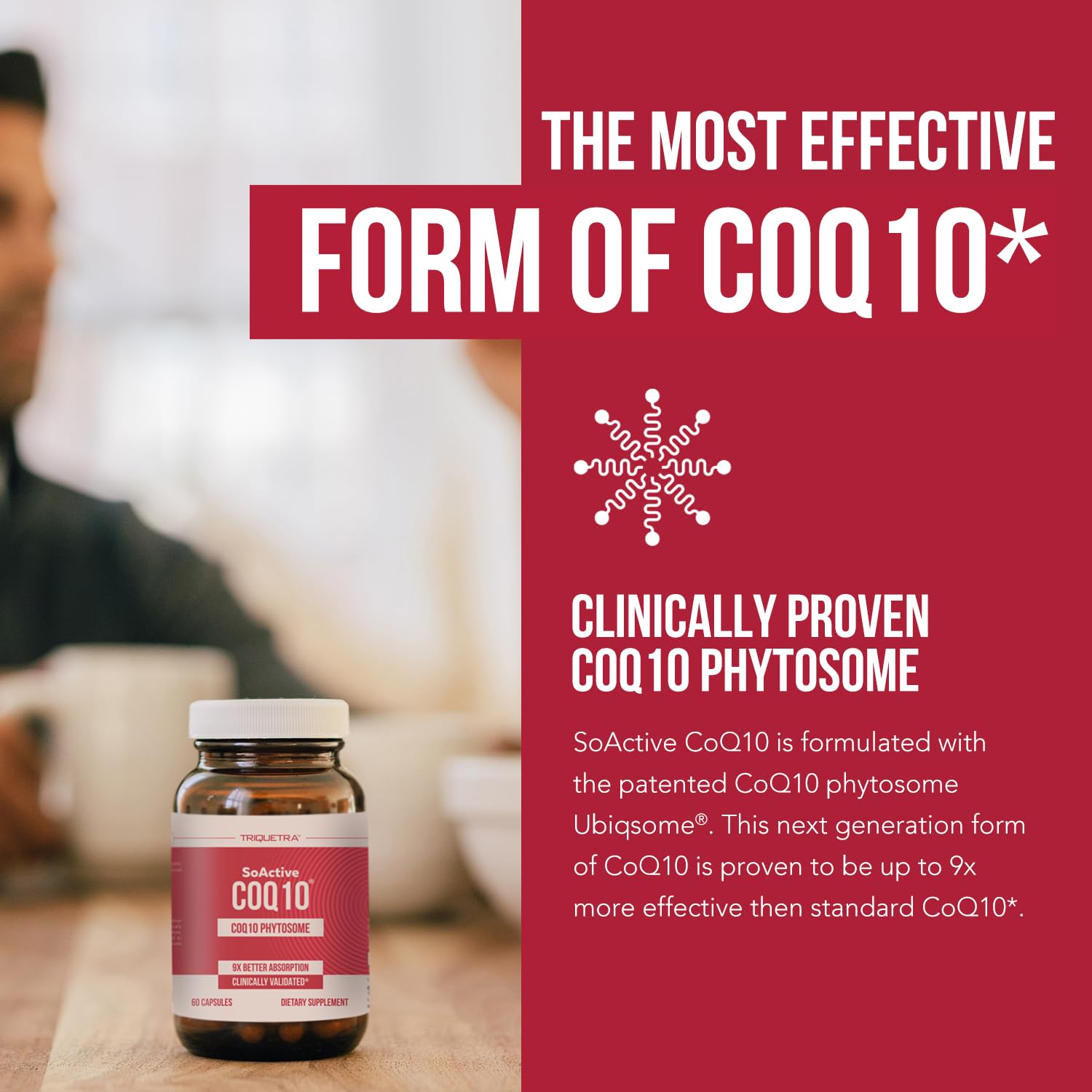 Triquetra Health SoActive CoQ10 capsules closeup highlighting phytosome delivery