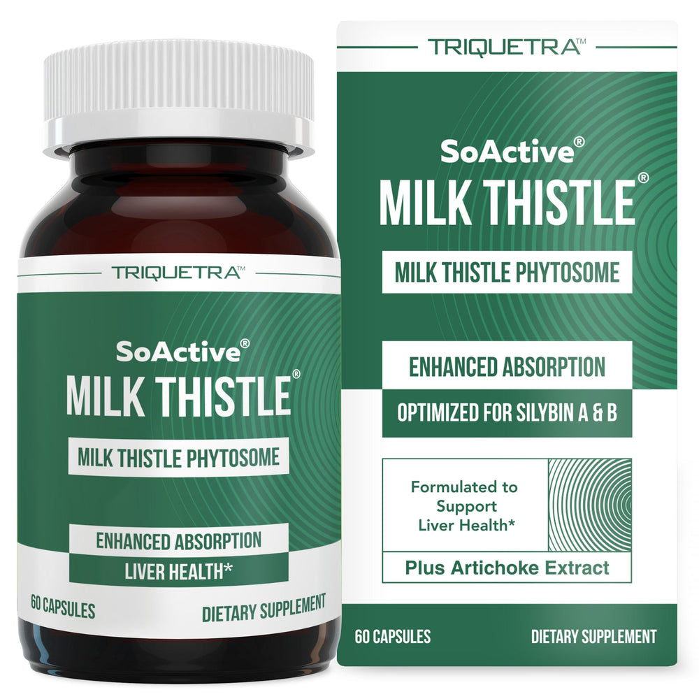 Triquetra Health SoActive Milk Thistle bottle highlighting enhanced absorption features