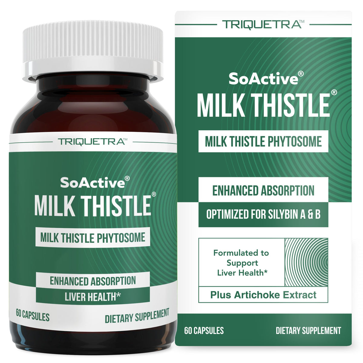 Triquetra Health SoActive Milk Thistle bottle highlighting enhanced absorption features