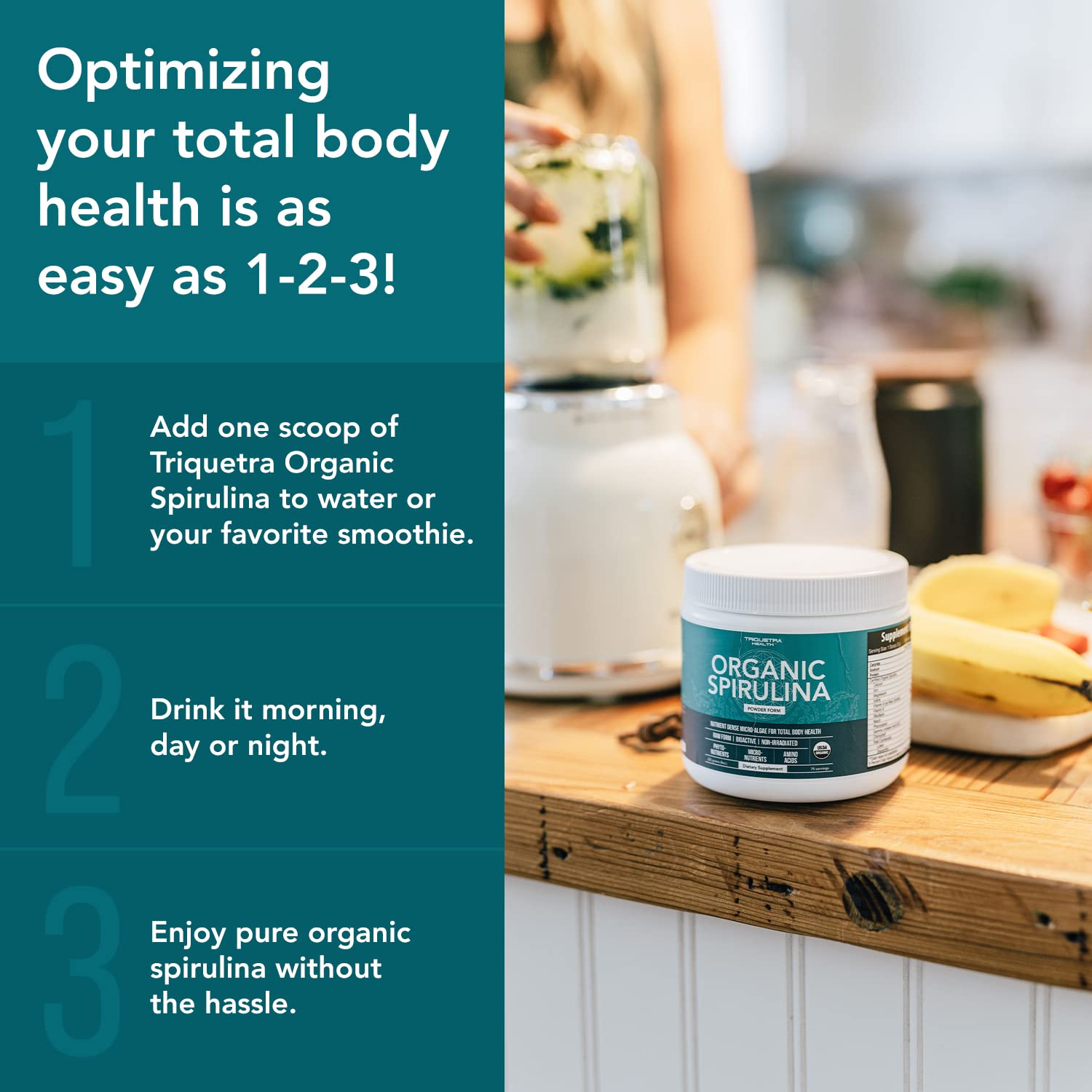 Triquetra Health spirulina powder in a kitchen scene ready to mix.