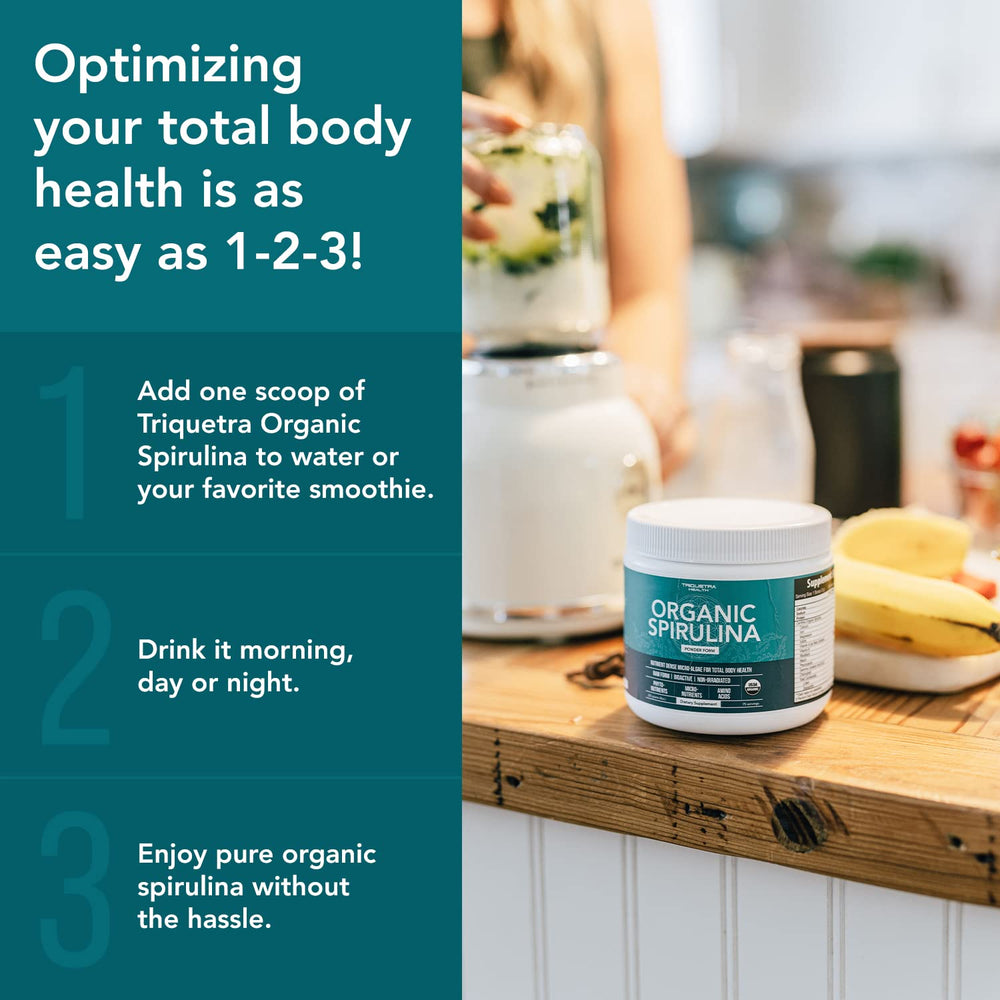 Triquetra Health spirulina powder in a kitchen scene ready to mix.