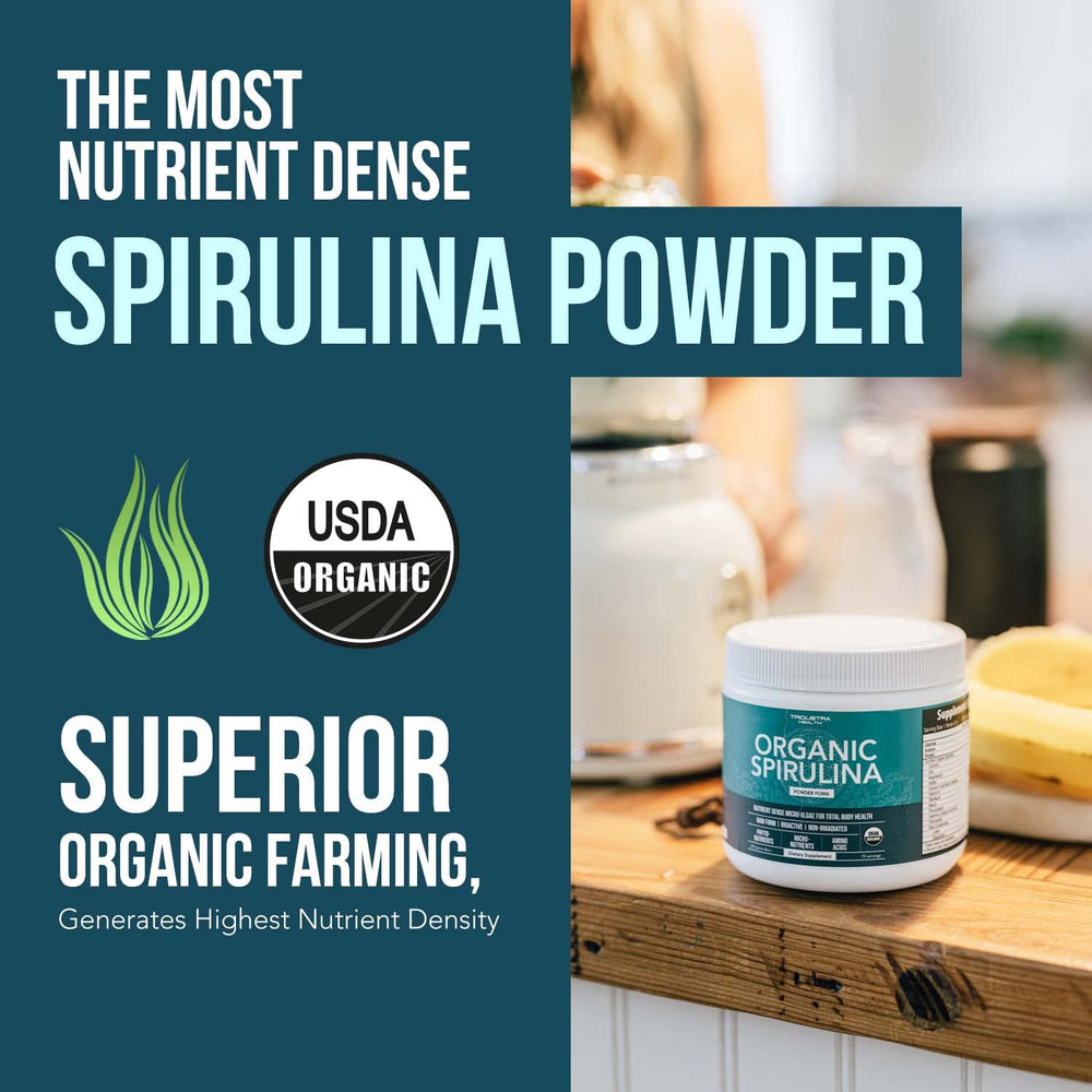 Triquetra Health spirulina powder in a smoothie for natural energy.