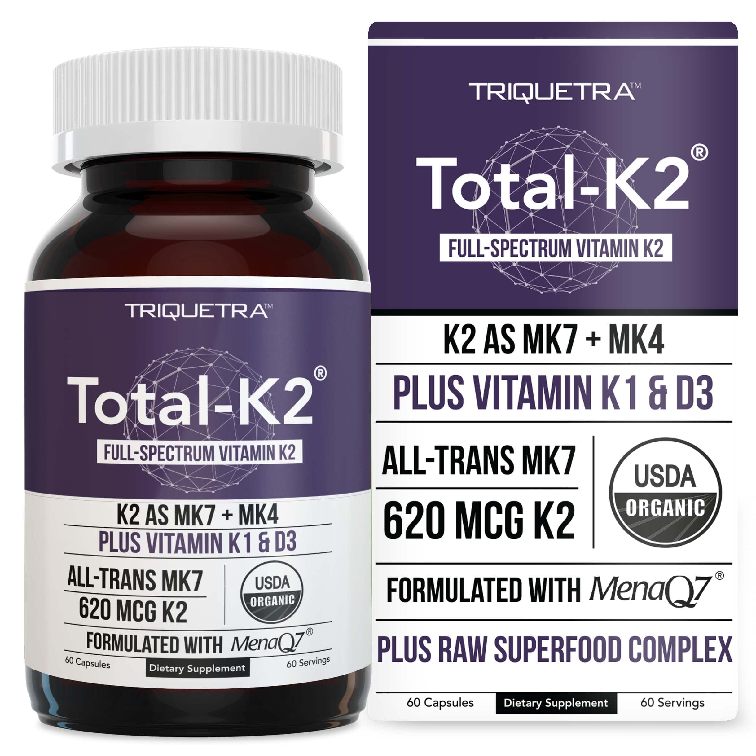 Triquetra Health Total K2 bottle showing full-spectrum K2 formula for bone support
