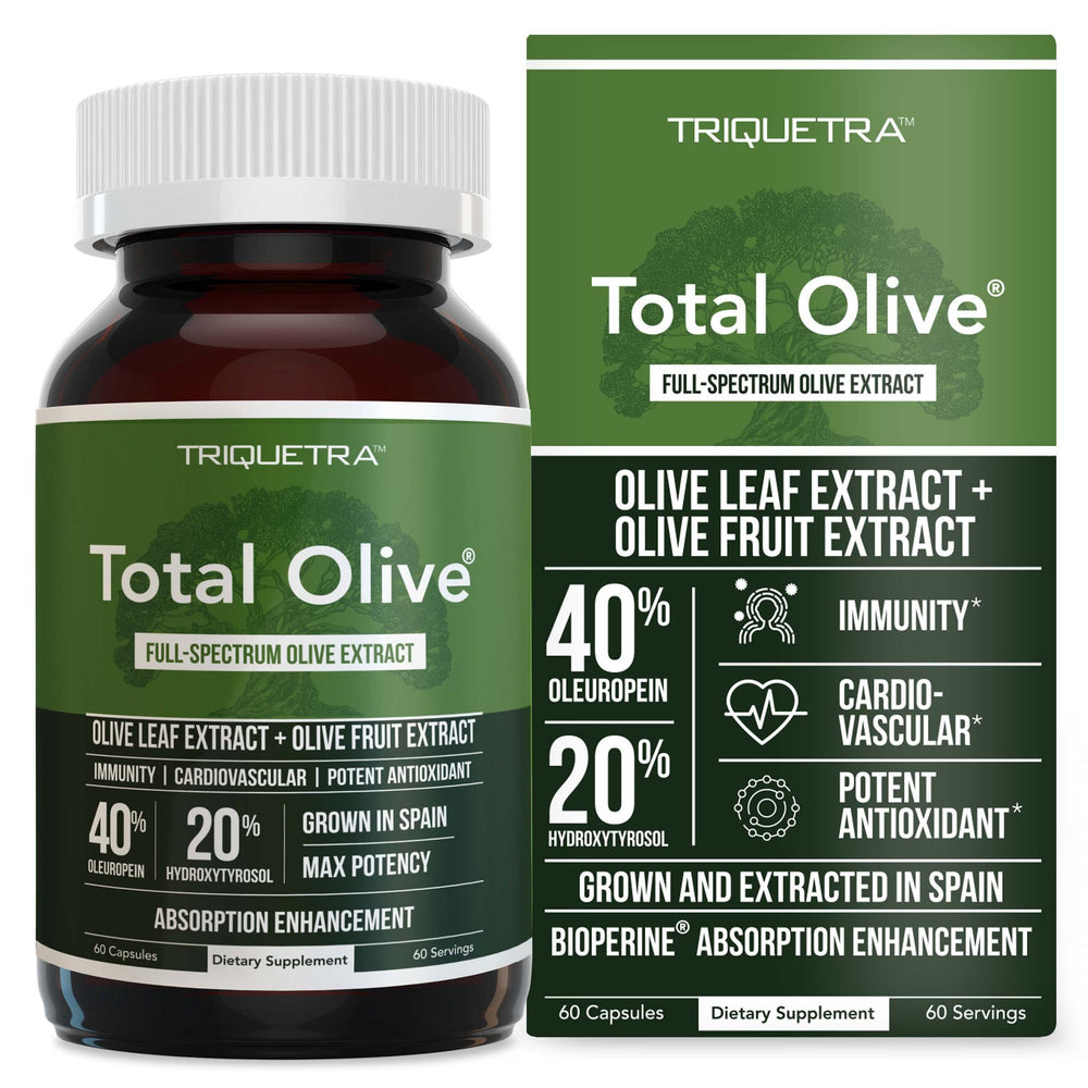 Triquetra Health Total Olive bottle top view signals premium polyphenols for daily antioxidant support