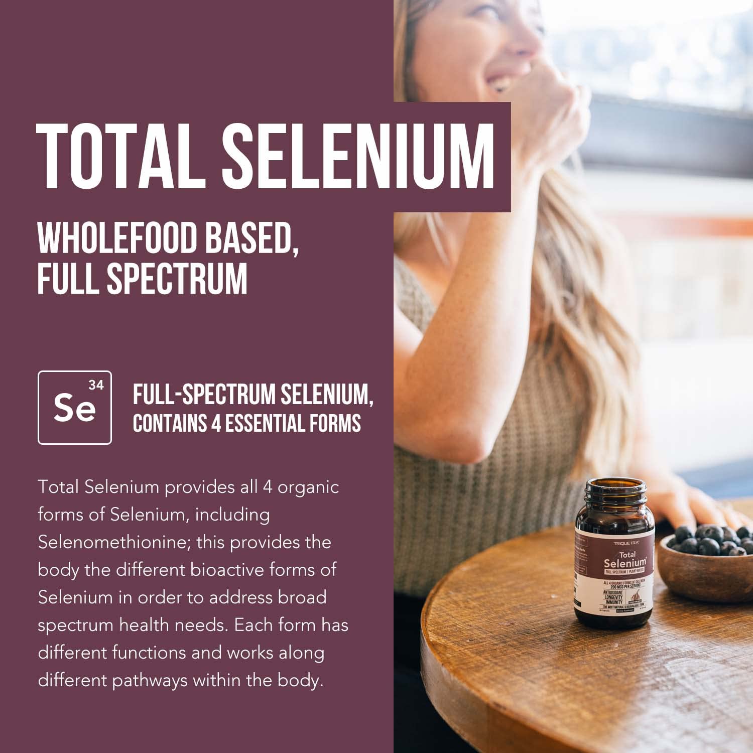 Triquetra Health Total Selenium capsules, a vegan source of four organic selenium forms.