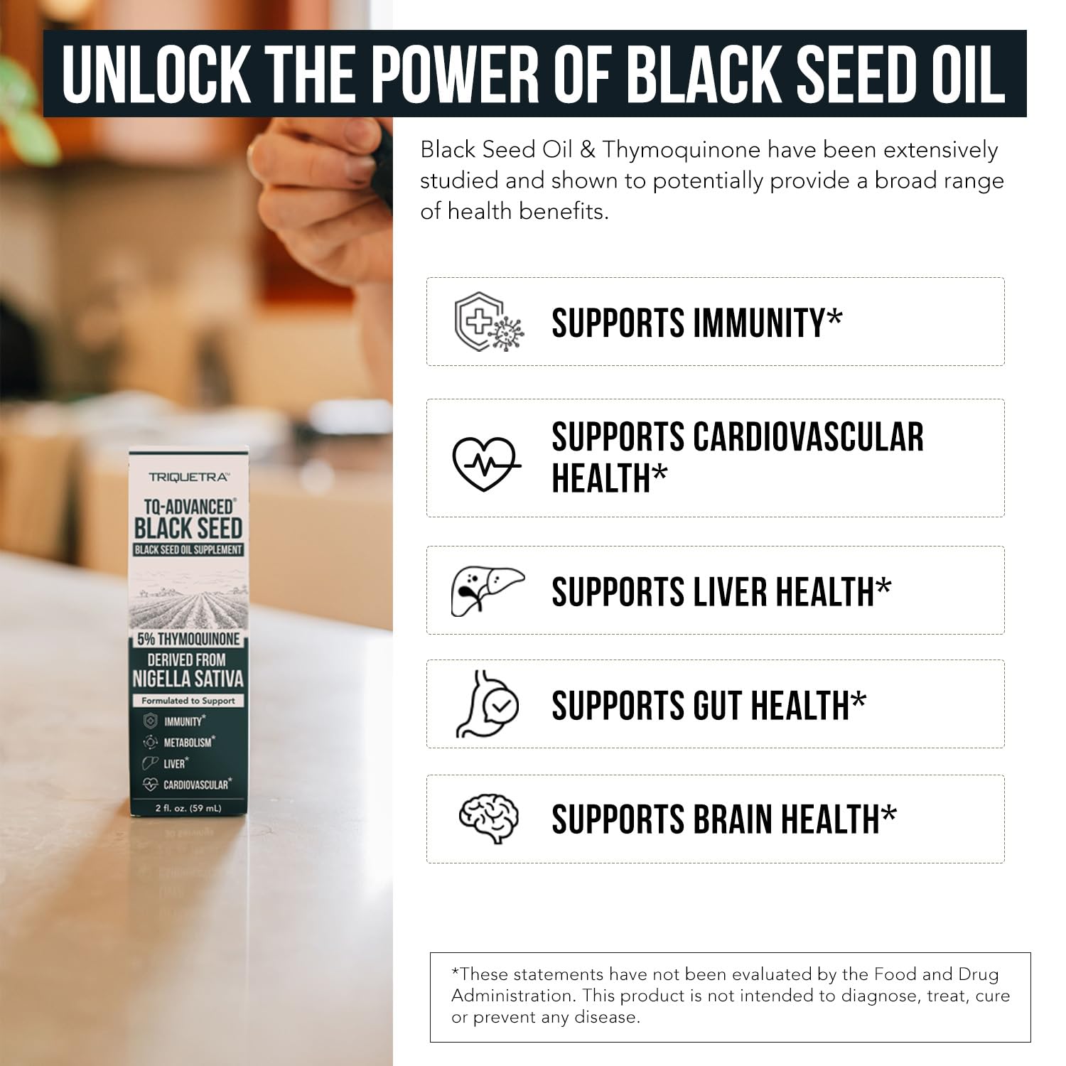 Triquetra Health vegan and GMP-certified badge on packaging