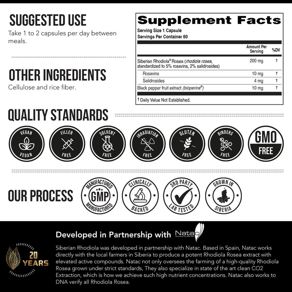 Vegan, non-GMO, gluten-free Triquetra Health rhodiola supplement