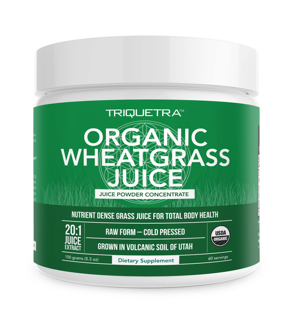 Triquetra Health Wheatgrass Juice Powder bottle offers convenient daily greens boost.