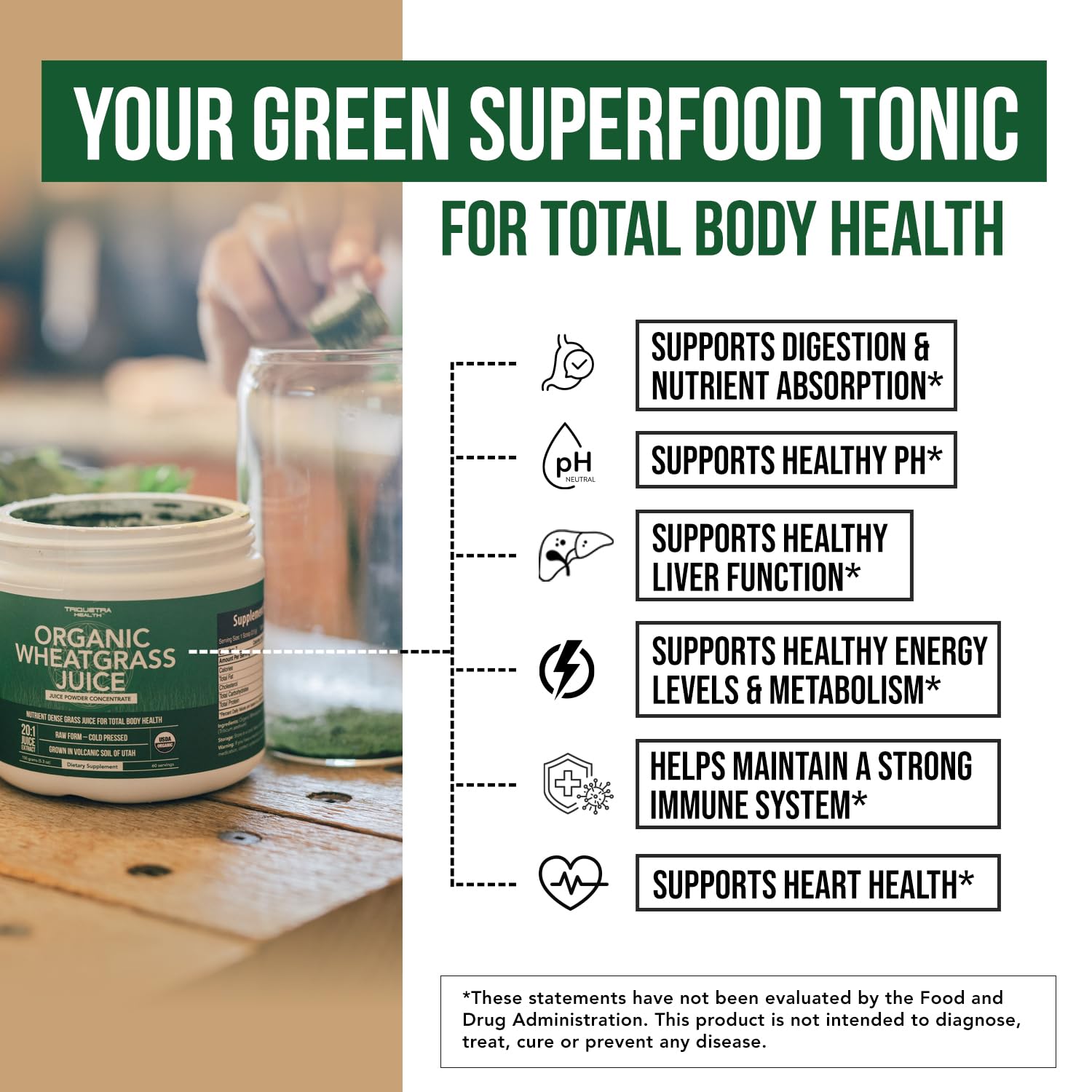 Triquetra Health Wheatgrass Powder jar label shows organic Utah volcanic soil origin.