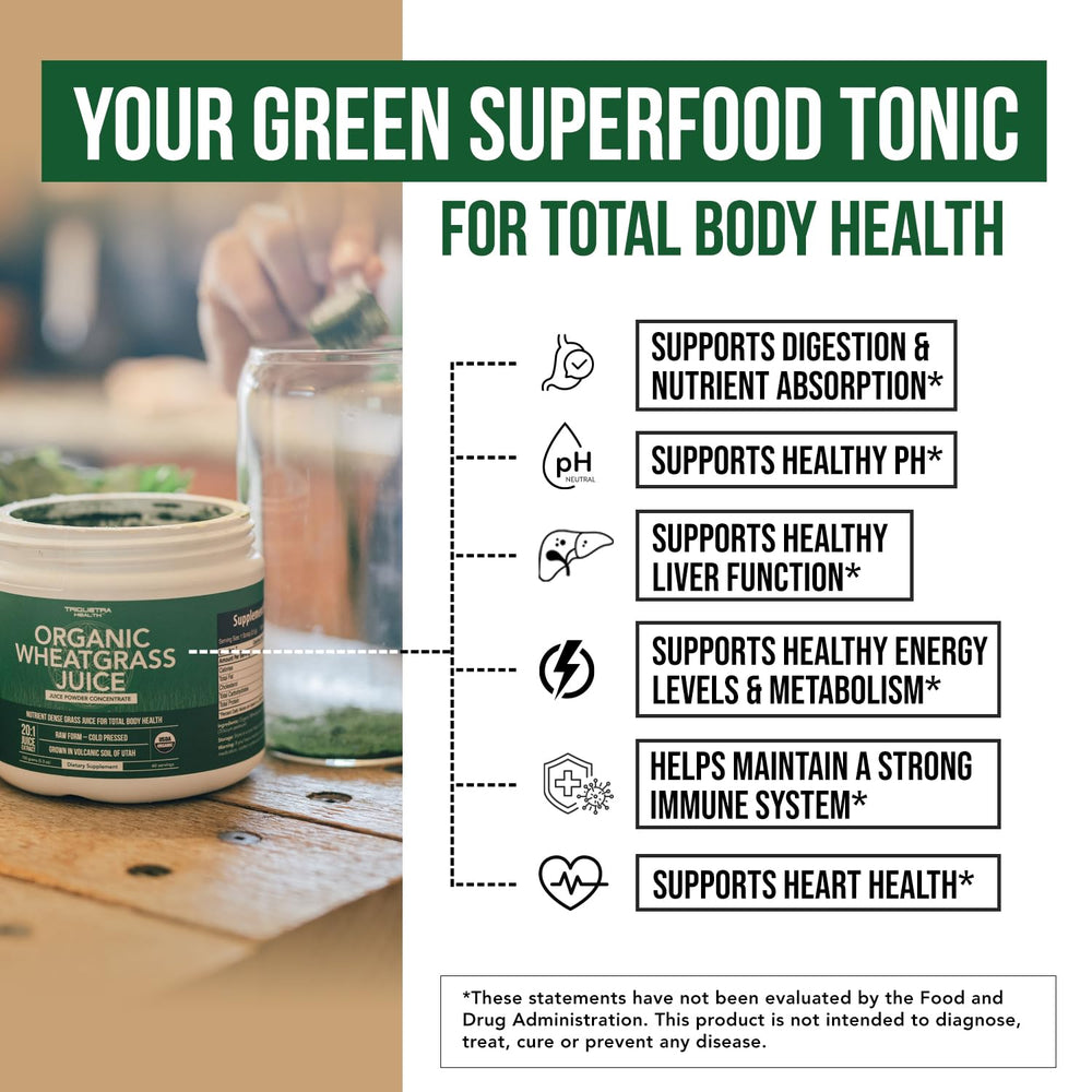 Triquetra Health Wheatgrass Powder jar label shows organic Utah volcanic soil origin.