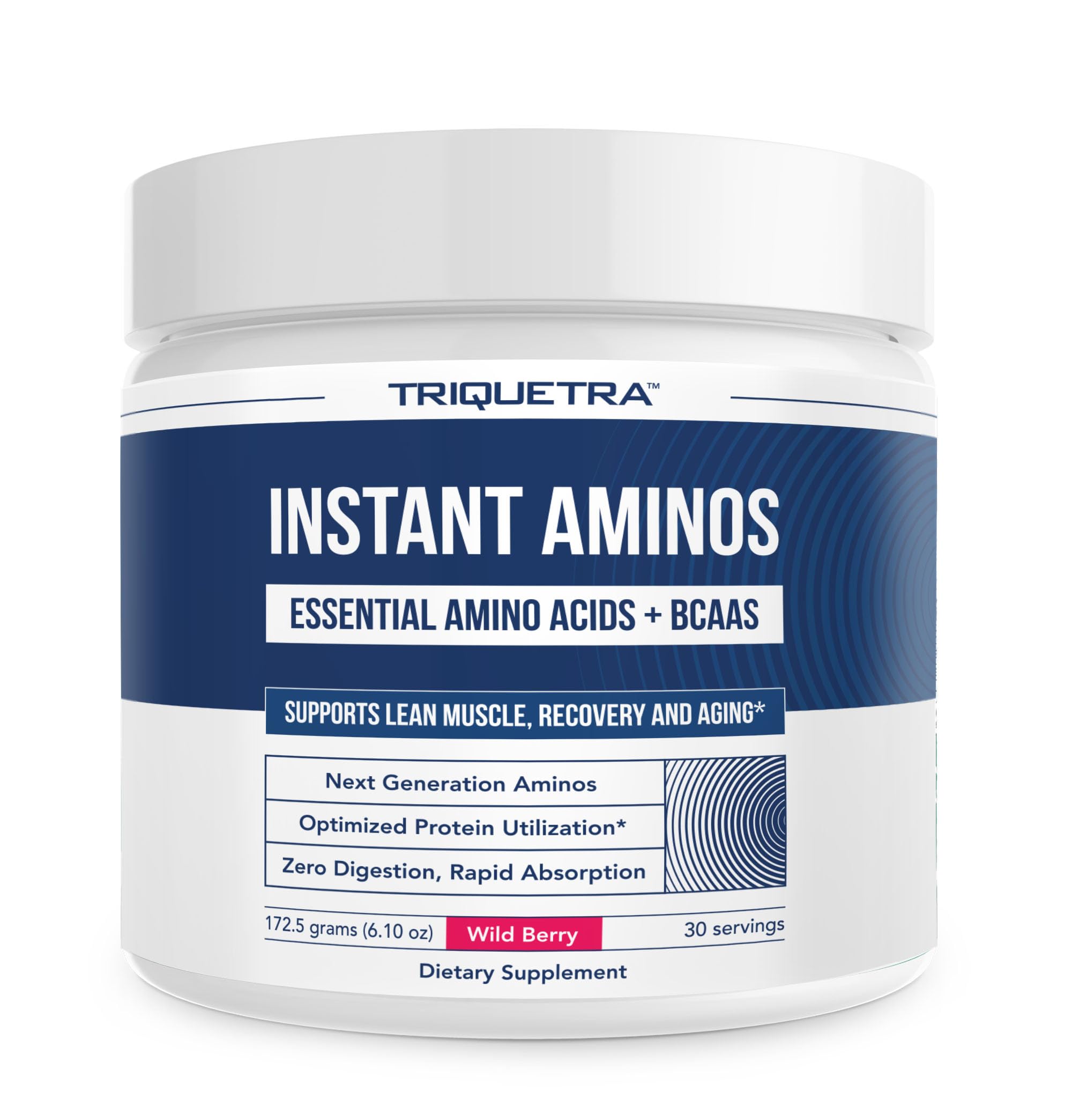 Triquetra Health Instant Aminos tub with Wild Berry label for quick amino intake.