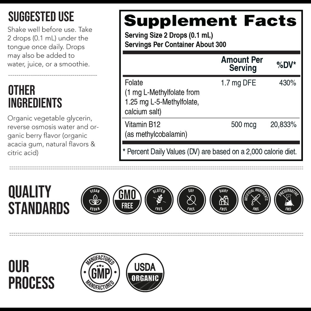 Triquetra Organic Methyl Folate packaging display highlighting serving size.