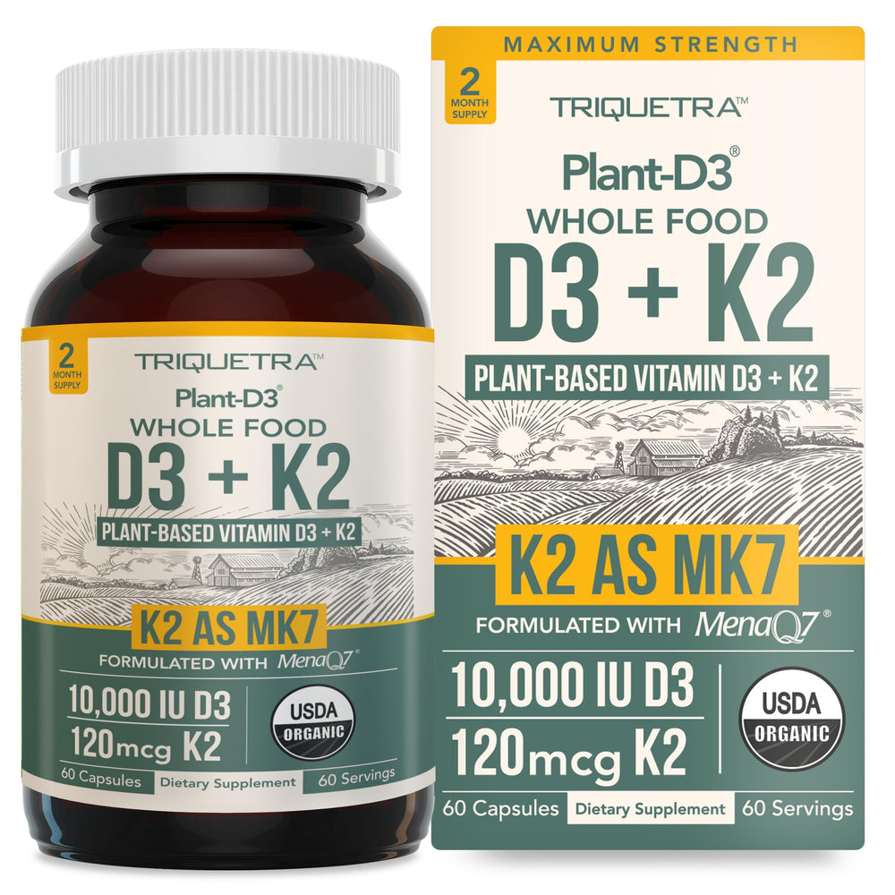 Triquetra Health Organic Plant D3 + K2 bottle for daily vegan use