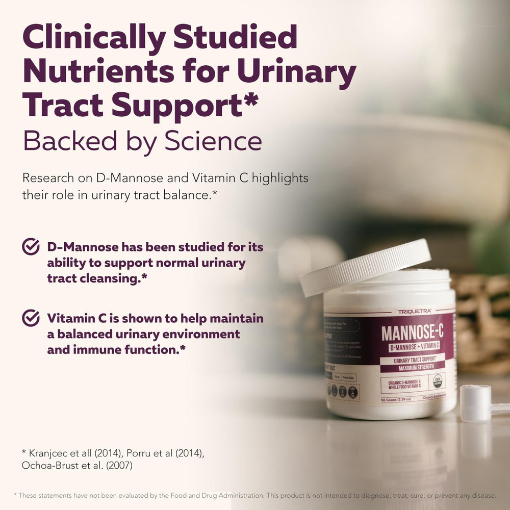 Triquetra Health Mannose-C organic seal signals clean sourcing and quality.