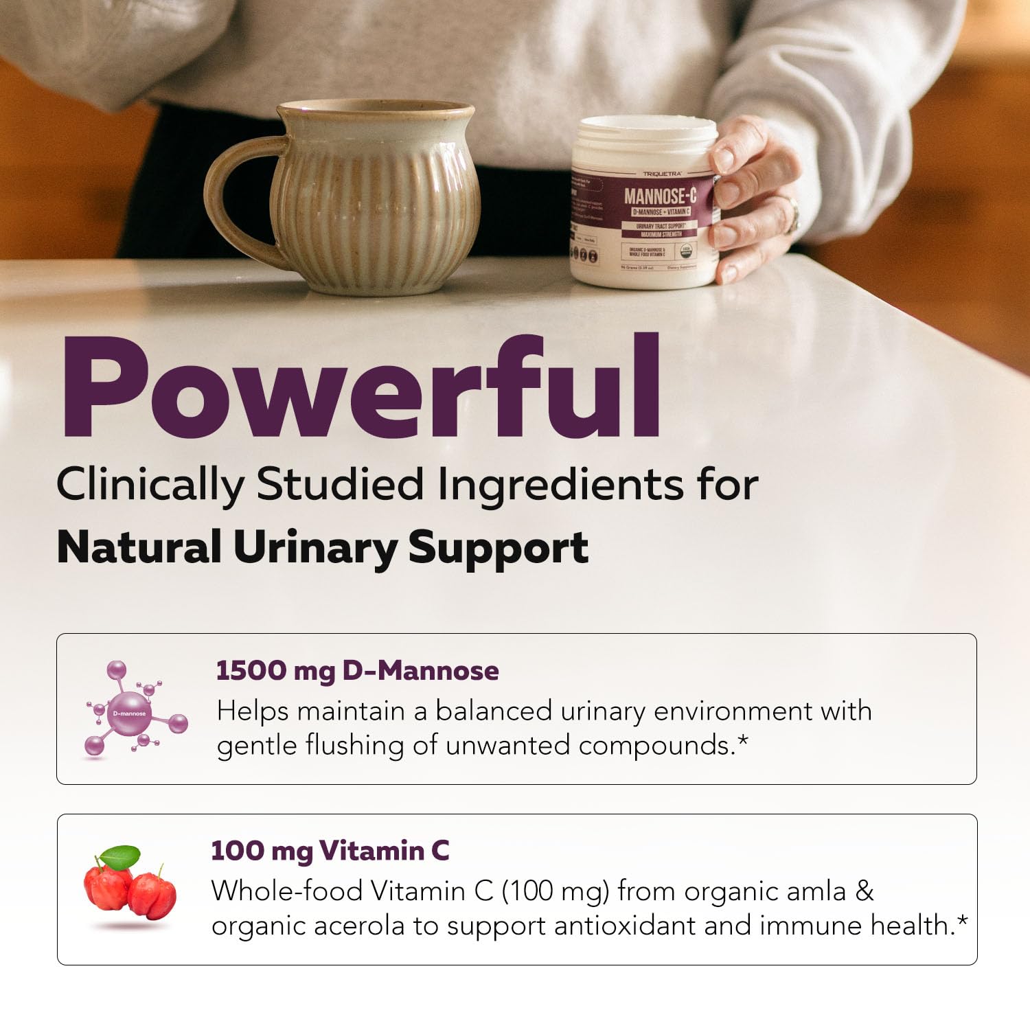 Triquetra Health Mannose-C serving scoop illustrates convenient daily dosing.