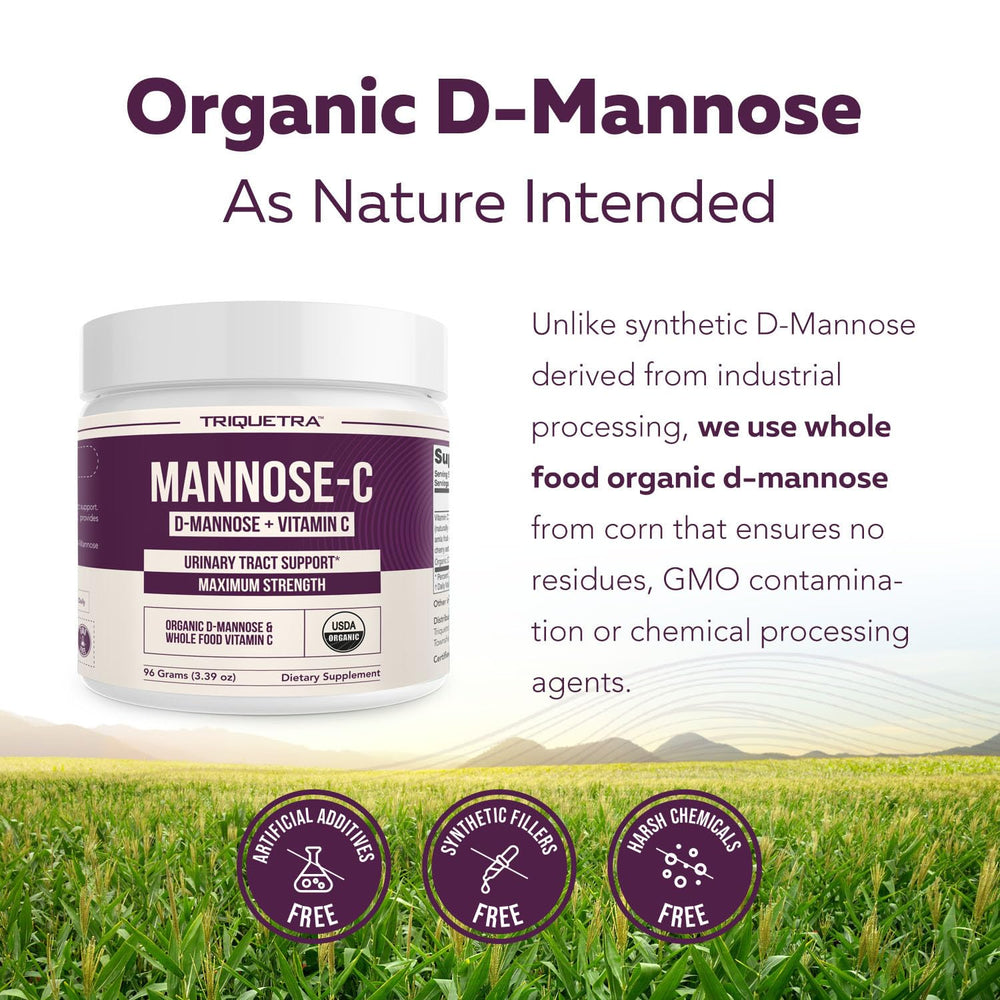 Triquetra Health Mannose-C vegan mark underscores plant-based, non-GMO formula.