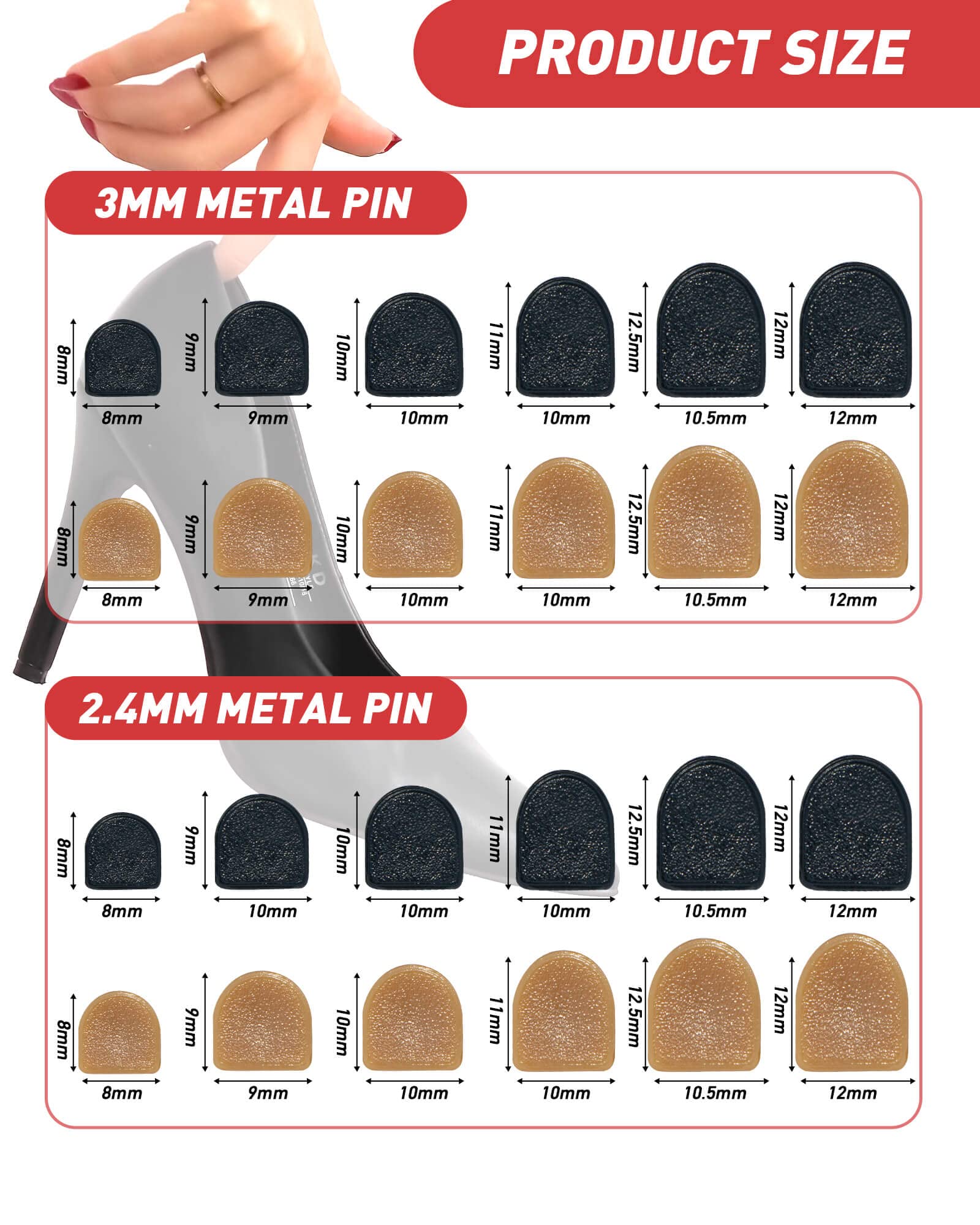 TRIZILLA six-sizes heel tips covering 8 to 12-5 mm for a precise fit
