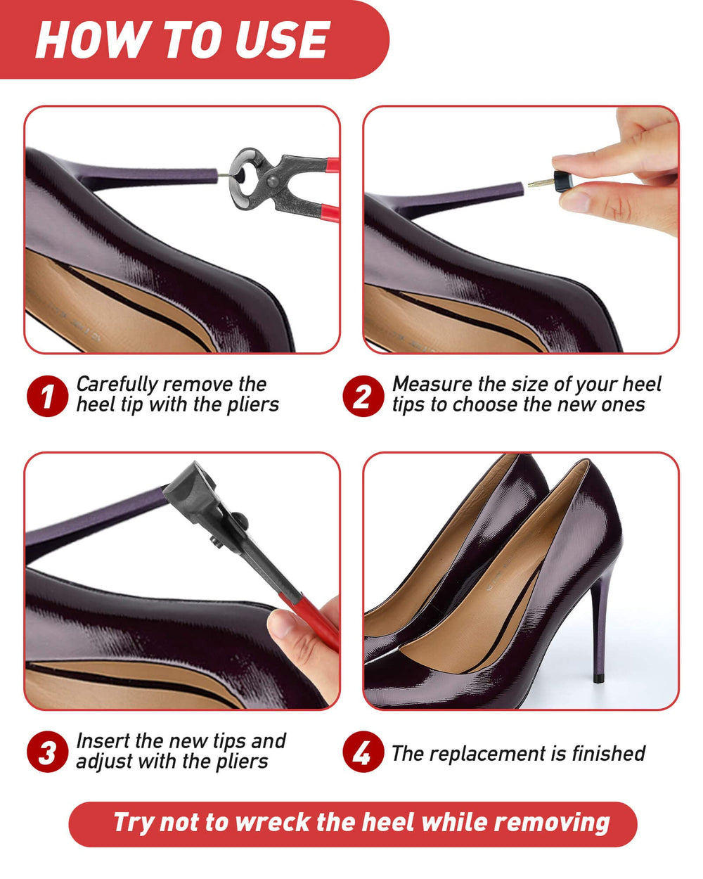 TRIZILLA U-shaped heel tips seated securely on various heels