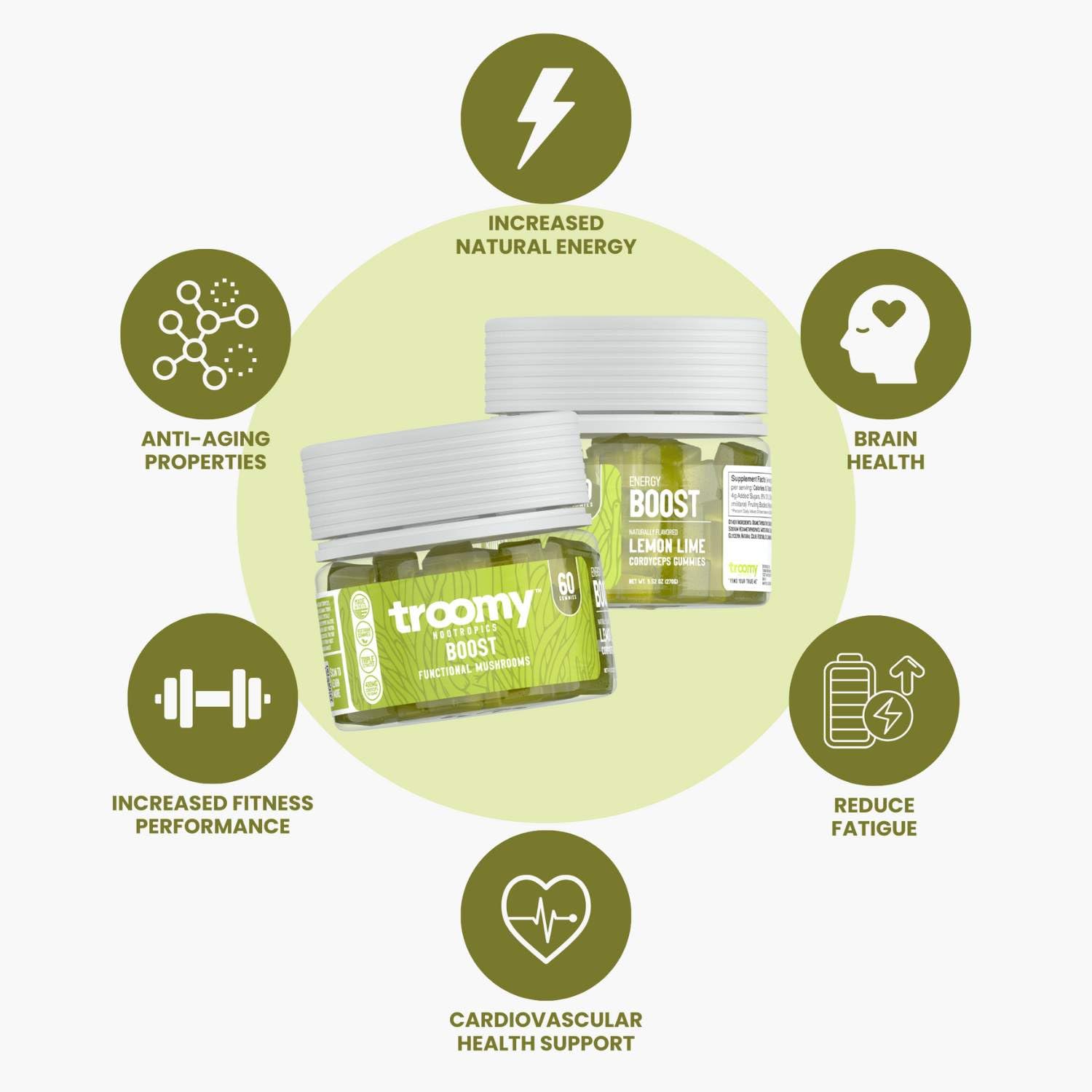 Troomy Boost gummies ingredients panel highlights mushrooms and vitamins for daily balance