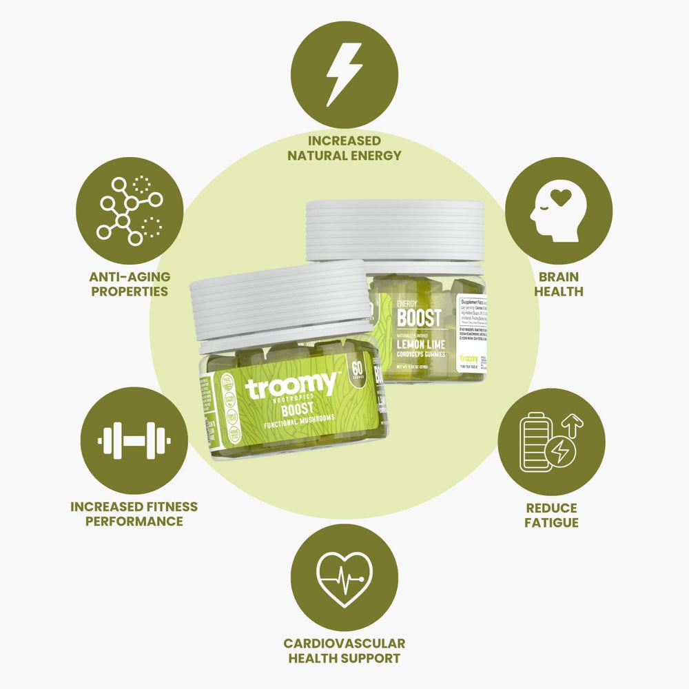 Troomy Boost gummies ingredients panel highlights mushrooms and vitamins for daily balance