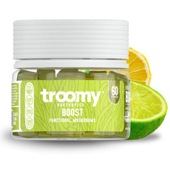 Troomy Boost Cordyceps gummies bottle in lemon lime flavor boosts focus and energy