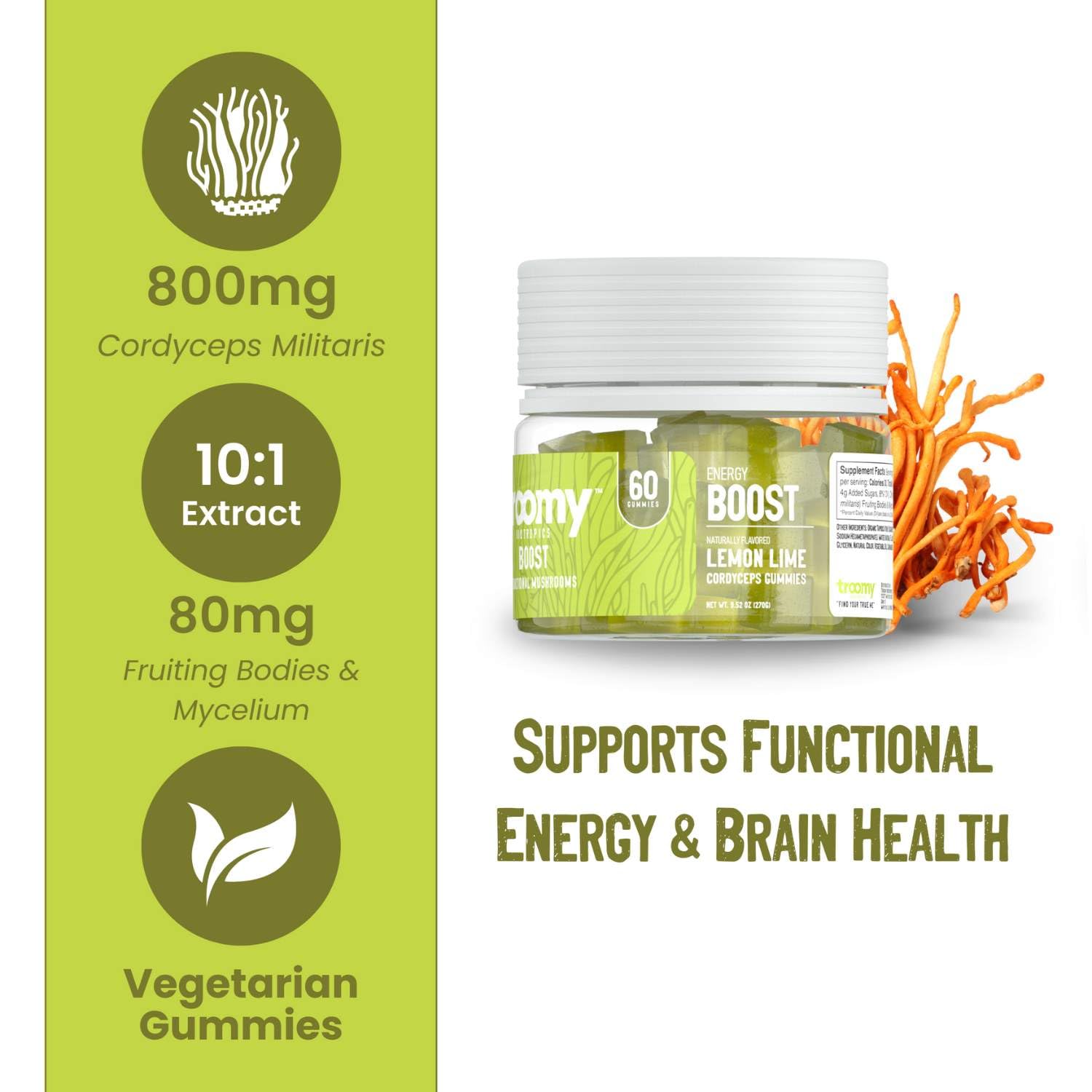 Troomy Boost Cordyceps gummy piece shows candy-like texture and focus support