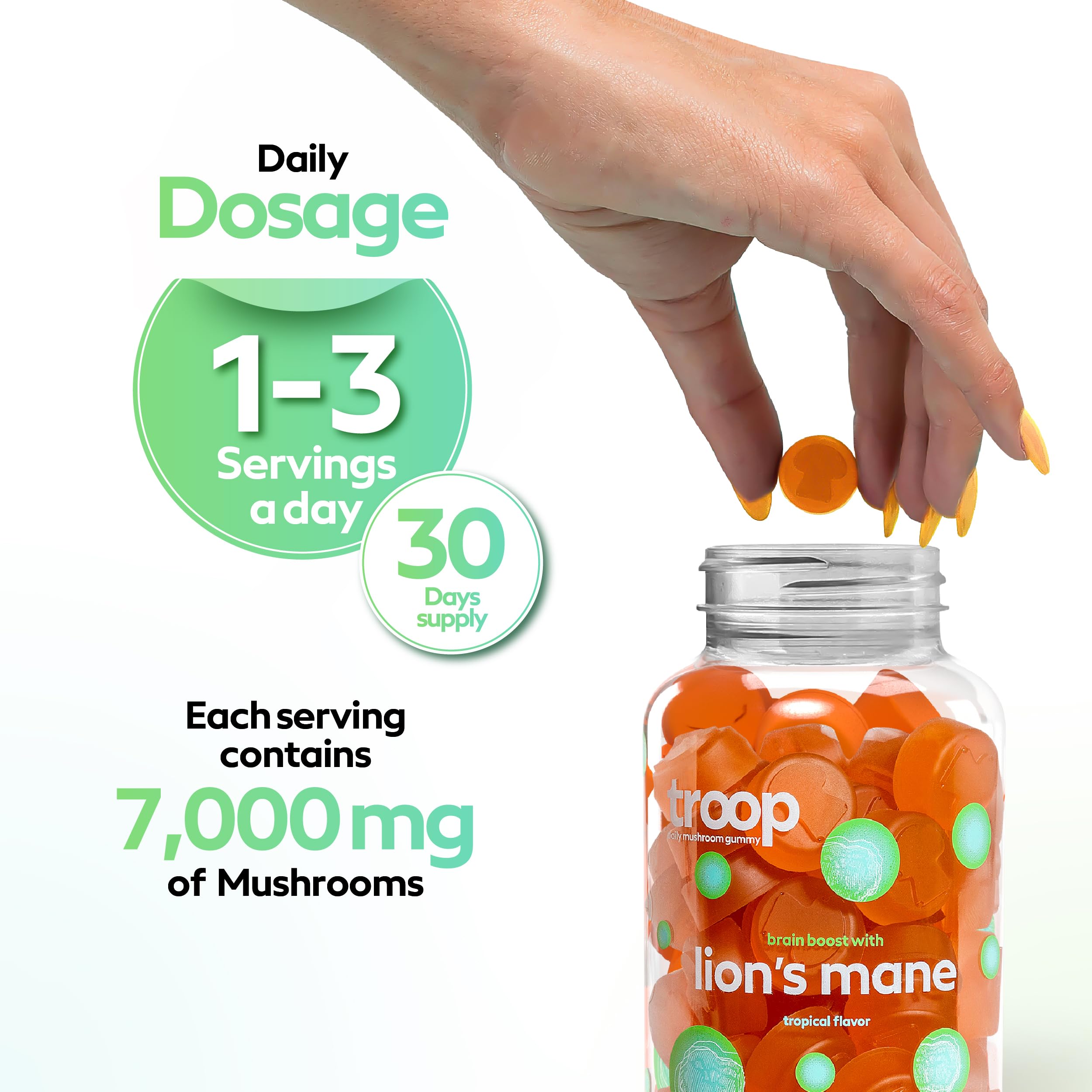 Troop Lion's Mane Gummies peach mango close-up emphasizes flavor and mood support.