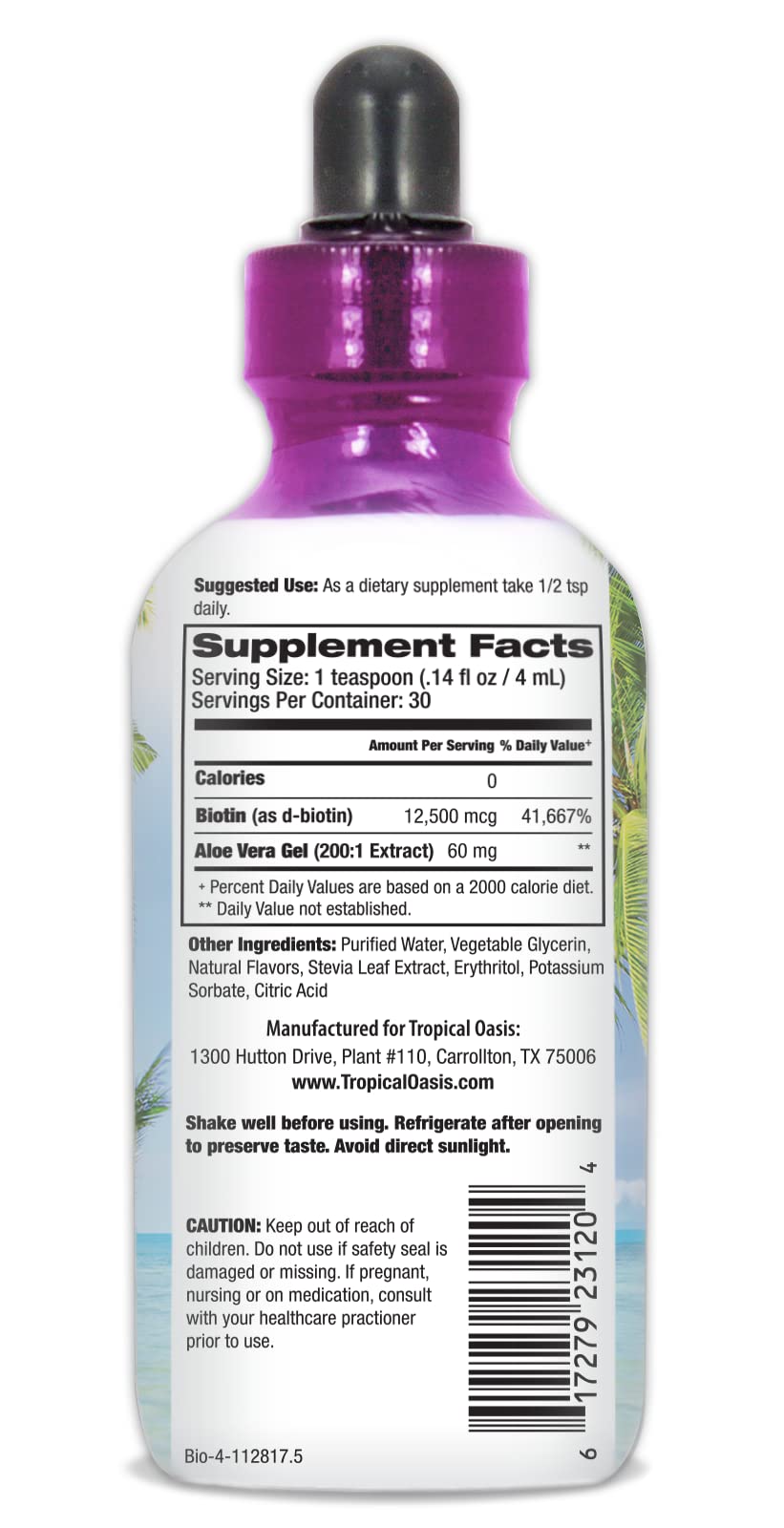 Closeup of dropper dispensing Tropical Oasis biotin drops for smooth dosing.