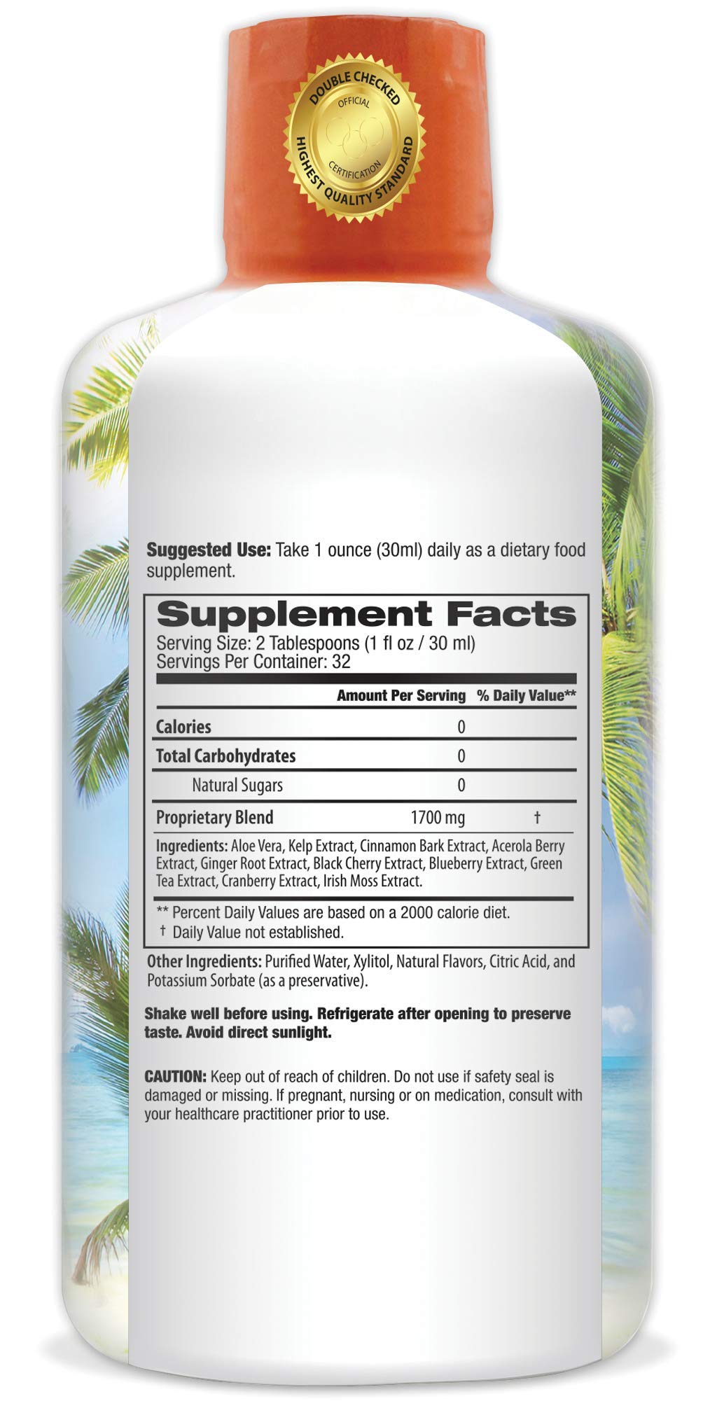 Tropical Oasis Cinnabalance bottle label highlights ingredients like cinnamon bark and green tea.