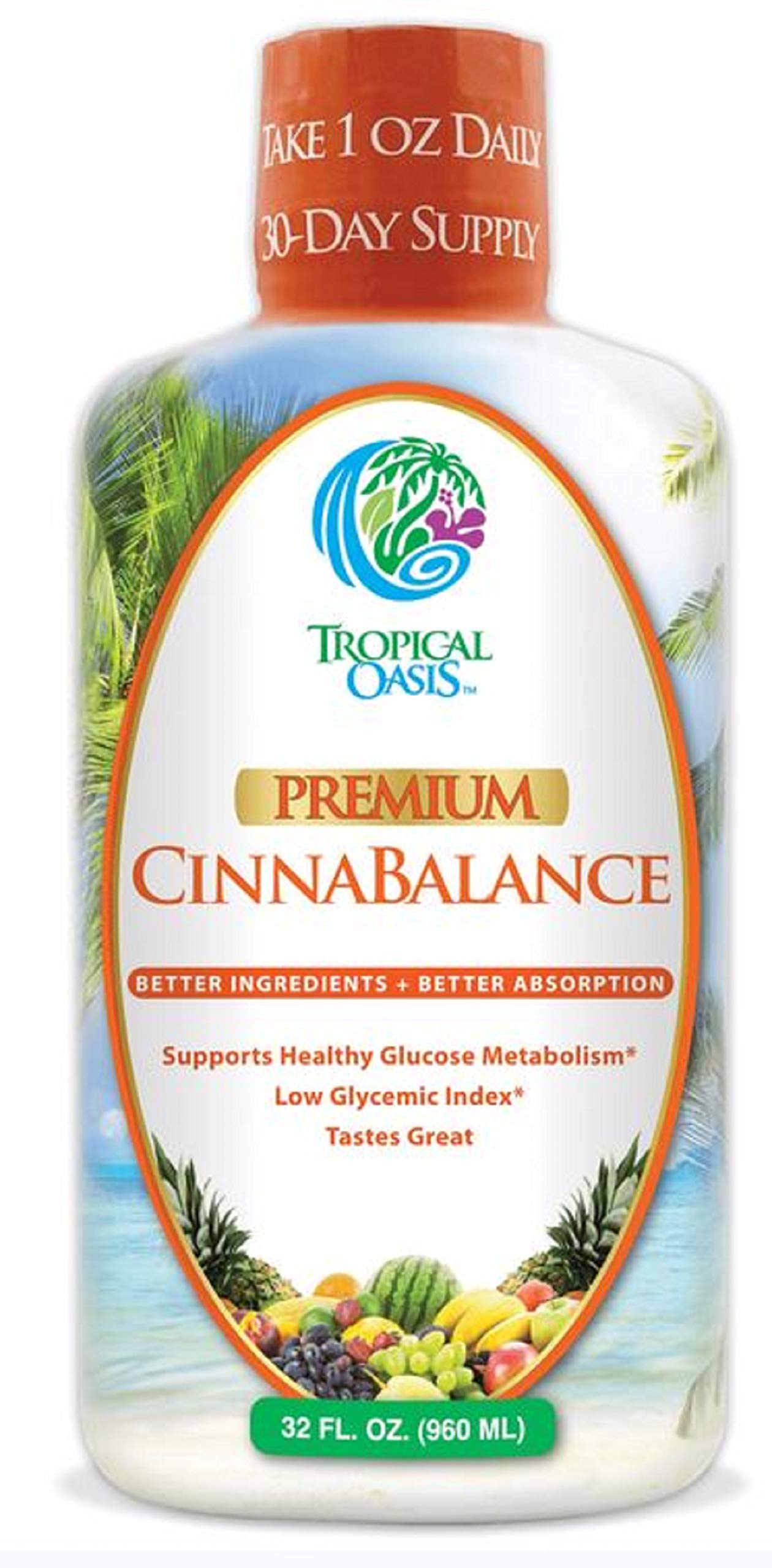 Tropical Oasis Cinnabalance liquid pour captured for mixing with water or juice.