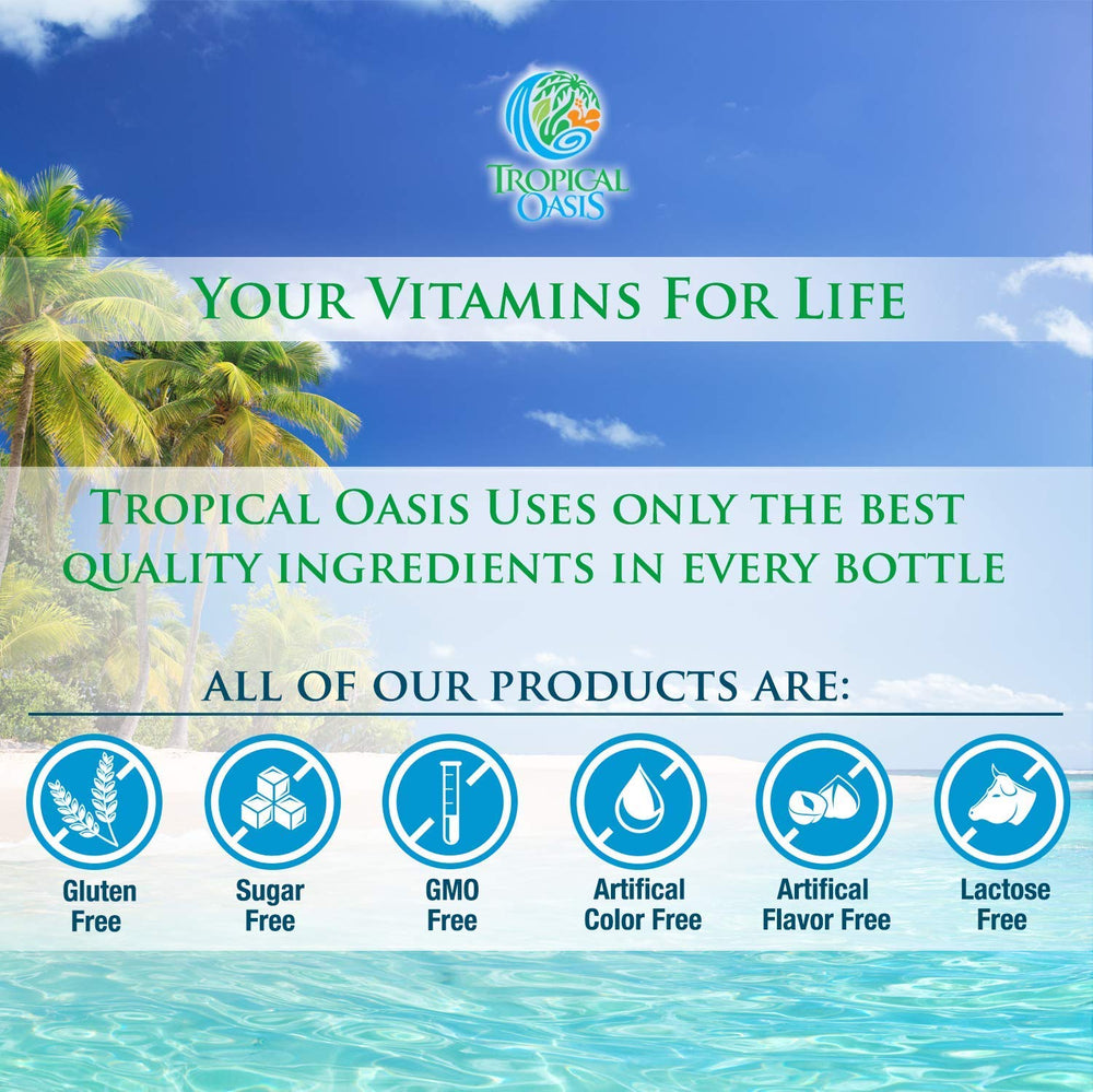 Tropical Oasis health benefits graphic highlighting potential joint support.
