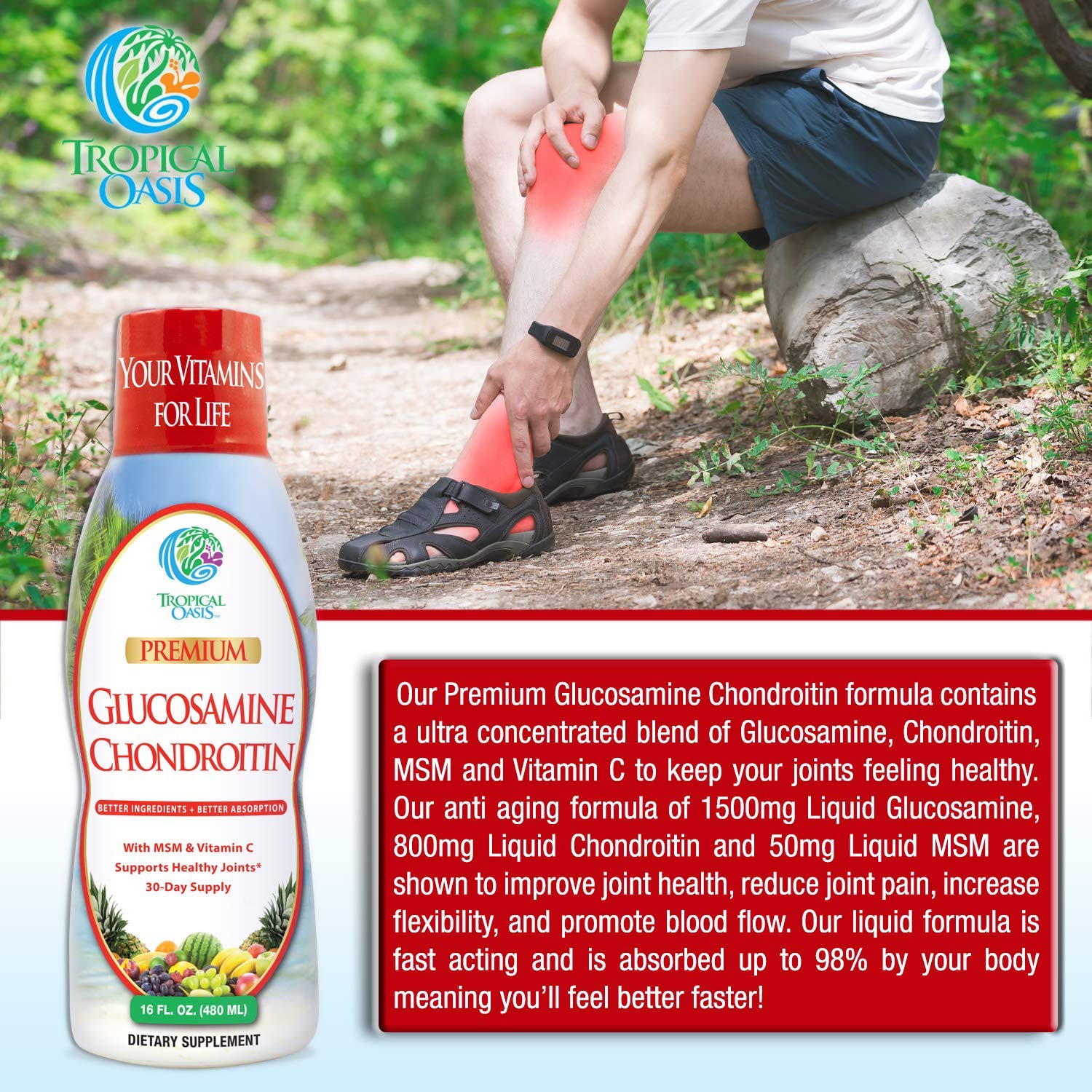Tropical Oasis ingredient visuals showing glucosamine, chondroitin, MSM blend details.