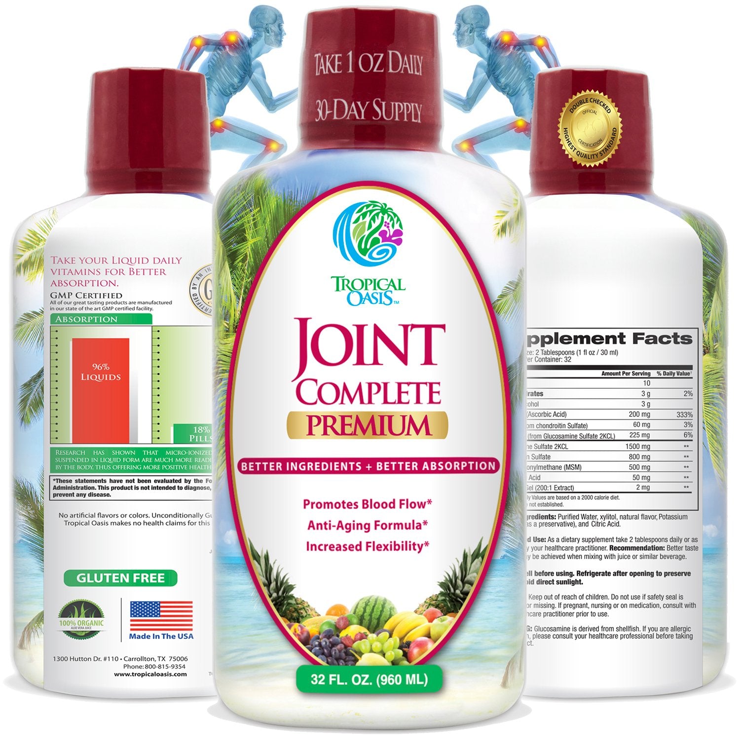 Tropical Oasis Joint Complete bottle front view, convenient liquid formula for easier dosing and absorption.