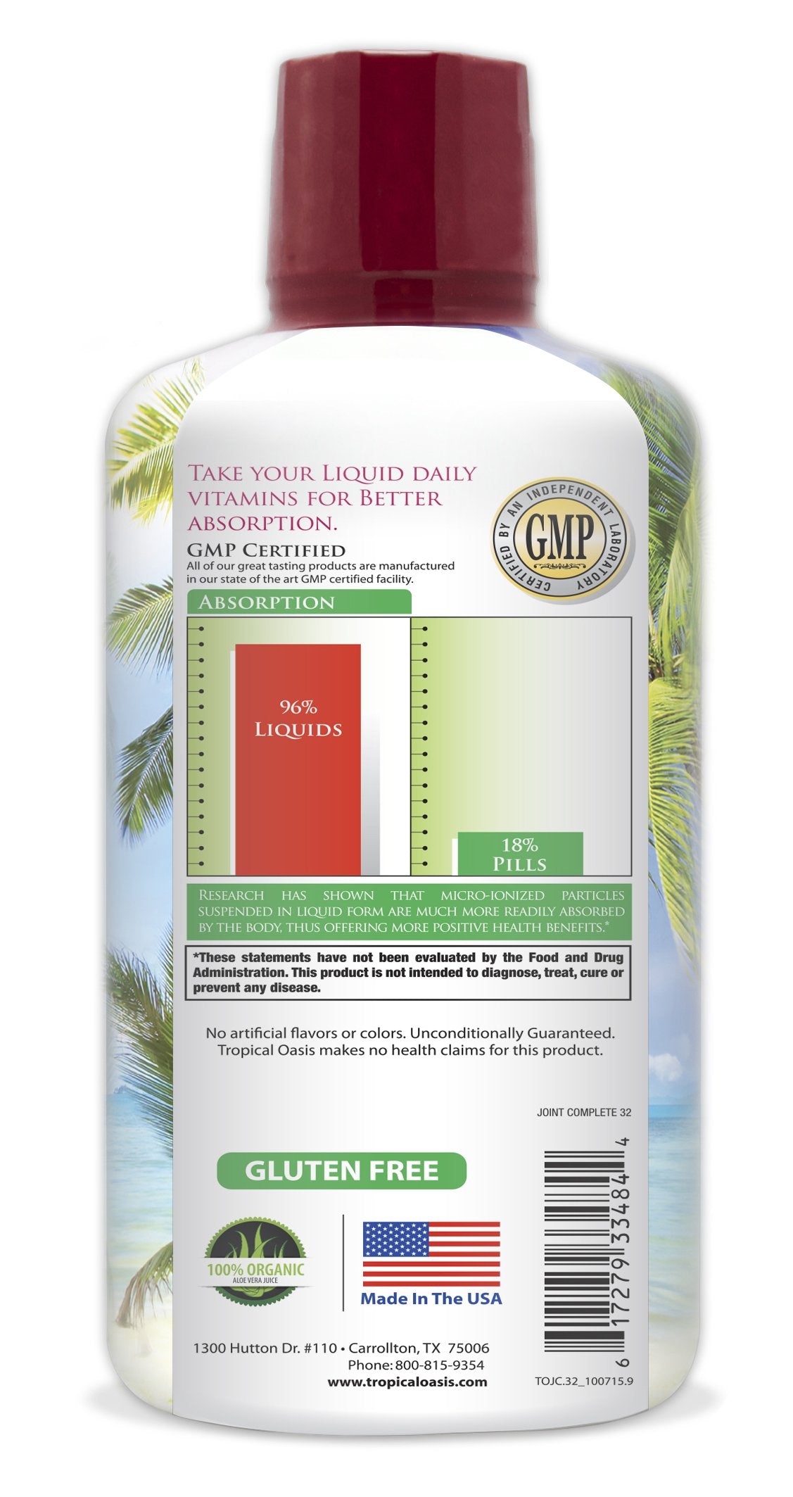 Tropical Oasis Joint Complete label close-up highlighting glucosamine, chondroitin, MSM blend for joint care.