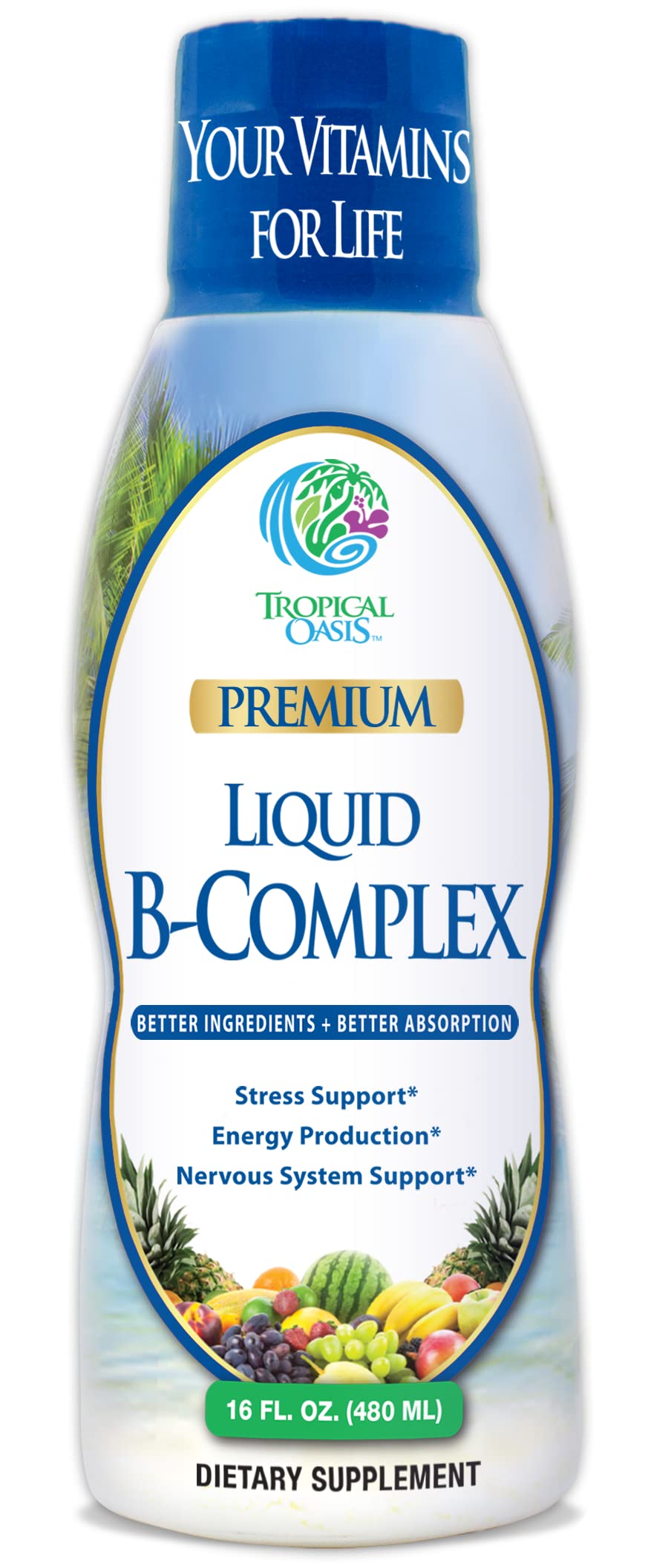 Tropical Oasis Liquid B-Complex bottle showing fast-absorbing formula for daily energy