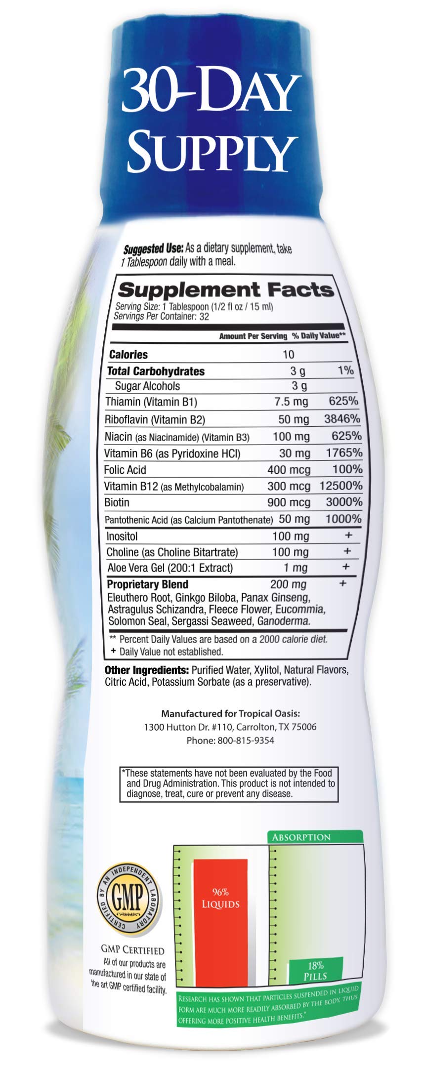 Tropical Oasis Liquid B-Complex pour demonstrates easy dosing for quick absorption