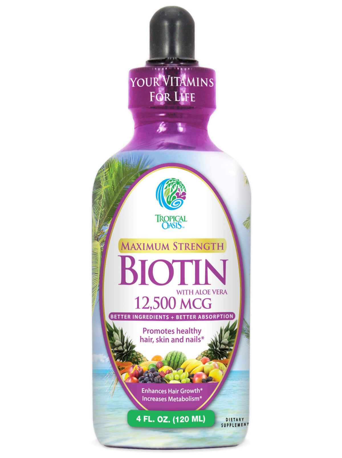 Tropical Oasis liquid biotin drops bottle 4oz for daily hair and nail support.