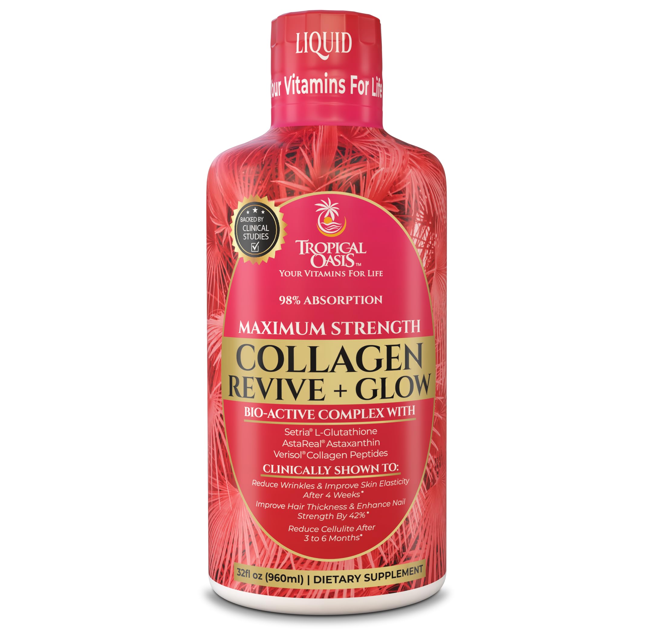 Tropical Oasis Liquid Collagen Glow bottle highlighting 5000mg VERISOL for radiant skin