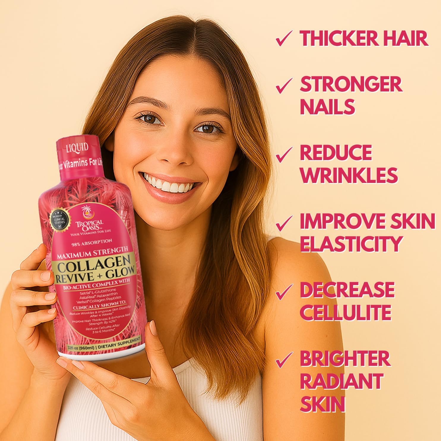 Packaging and label of Tropical Oasis Liquid Collagen Glow on a clean surface