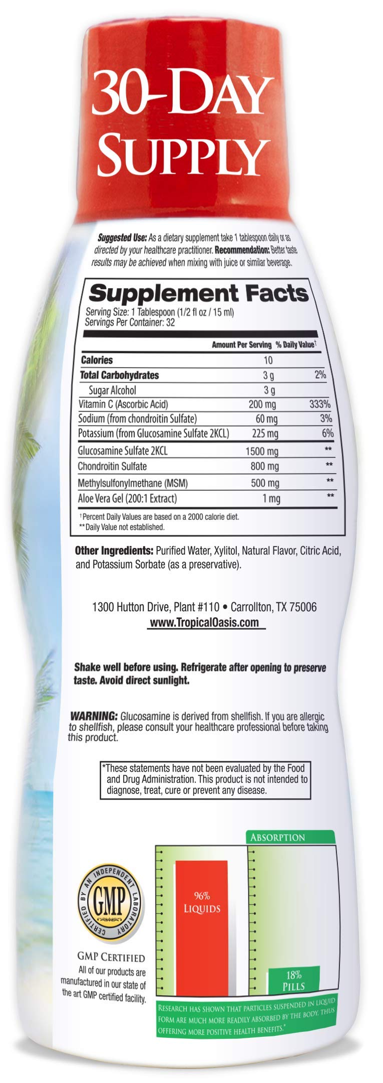 Tropical Oasis liquid glucosamine chondroitin msm pour with easy dosing for daily mobility.