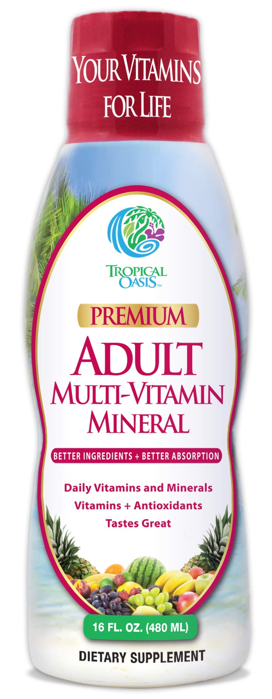 Tropical Oasis liquid multivitamin bottle for daily energy support