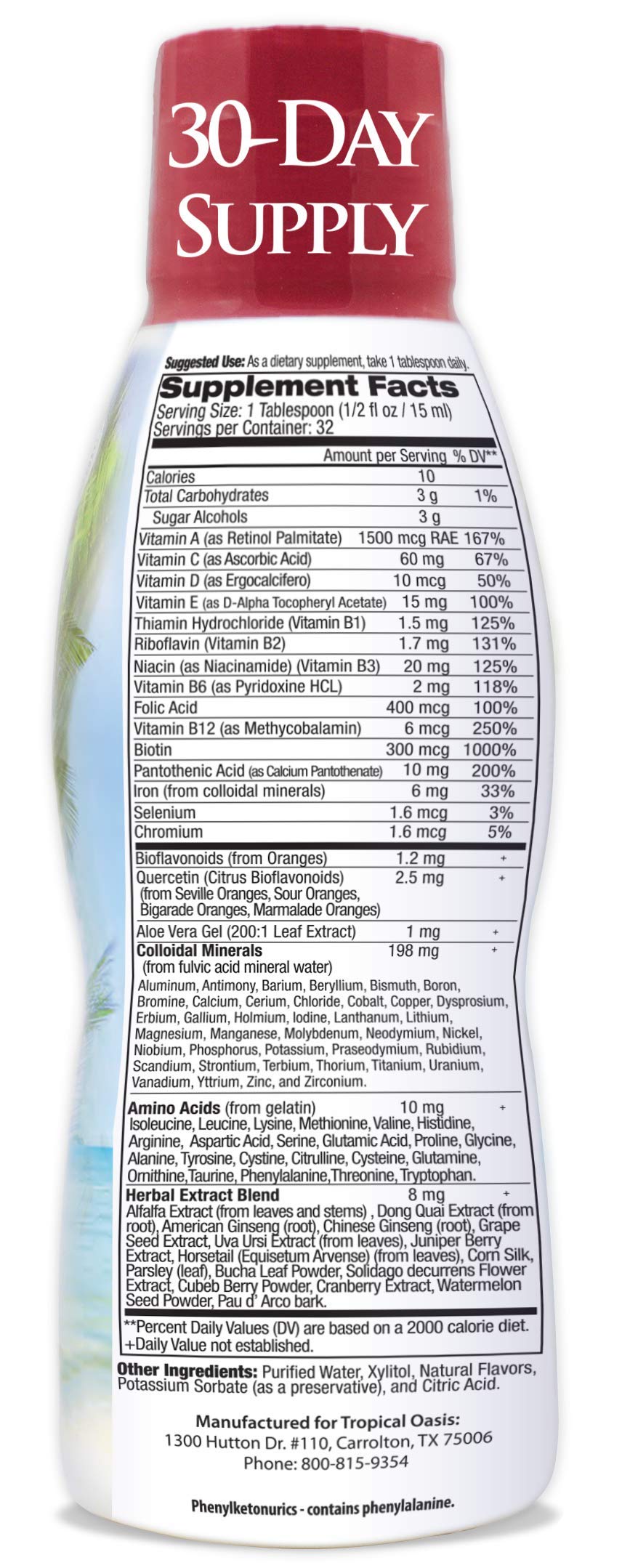 Tropical Oasis label close-up showing 125 nutrients and 4:1 concentrate
