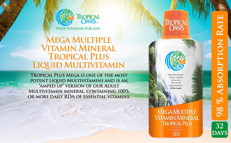 Tropical Oasis Mega Plus 32 oz packaging on a shelf ready for home use.