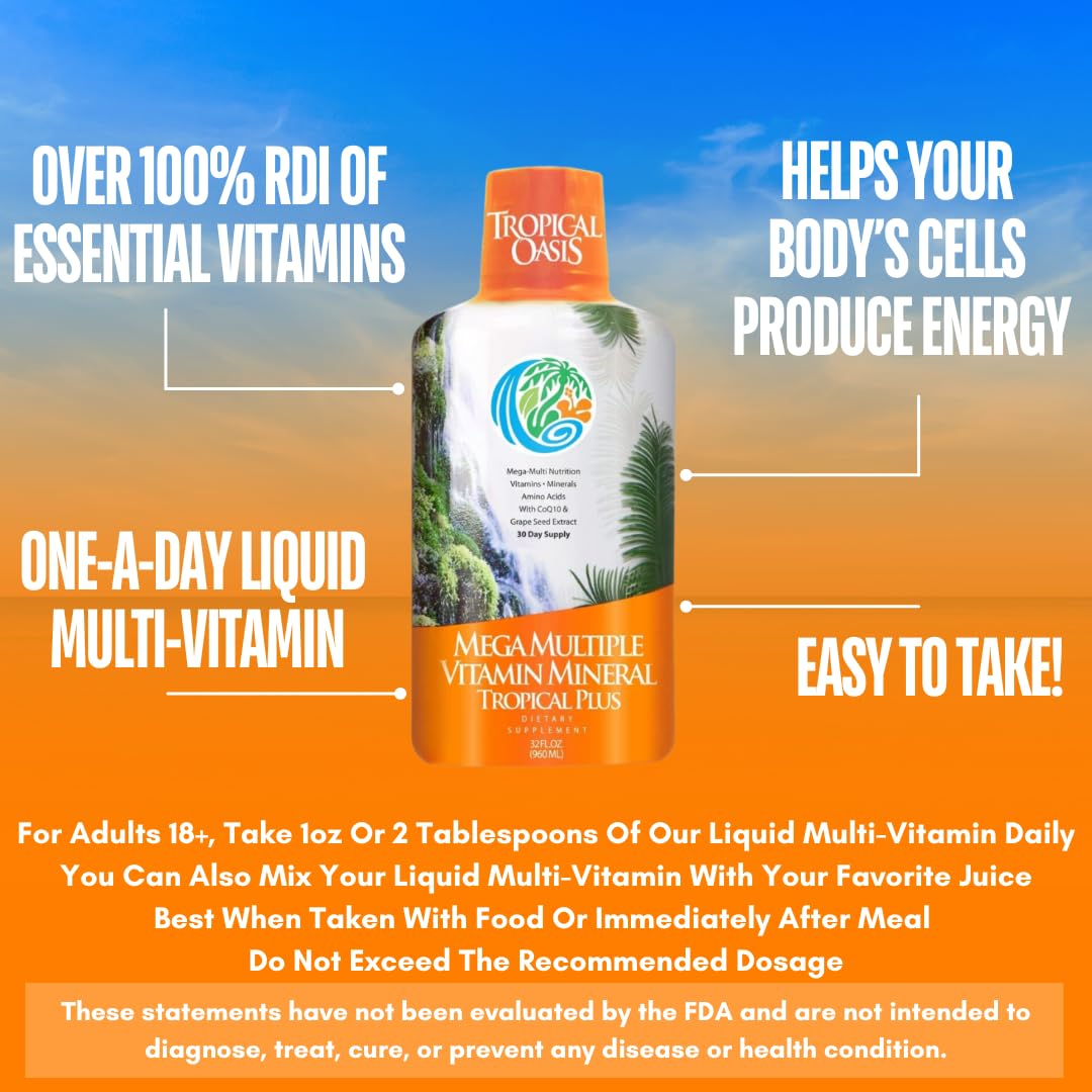 Tropical Oasis Mega Plus ingredients scene featuring vitamins, CoQ10, and grape seed extract.