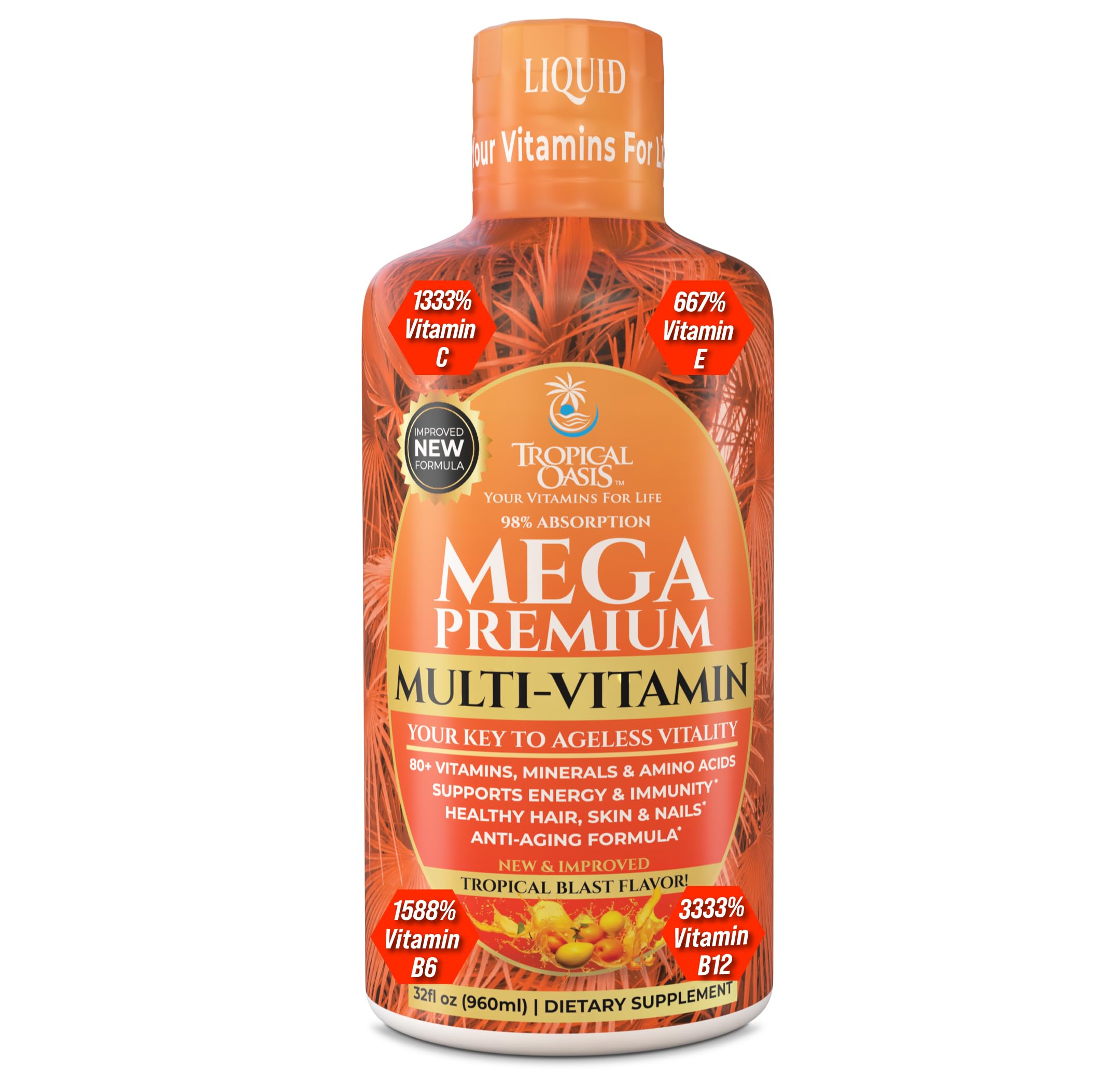 Tropical Oasis Mega Premium bottle with orange flavor for daily immune support