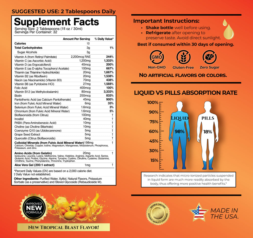 Tropical Oasis Mega Premium dosage spoon shows quick-use for daily nutrition