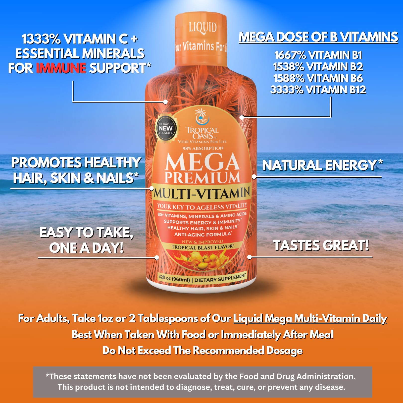 Tropical Oasis Mega Premium ingredients panel highlights 110 components for comprehensive support