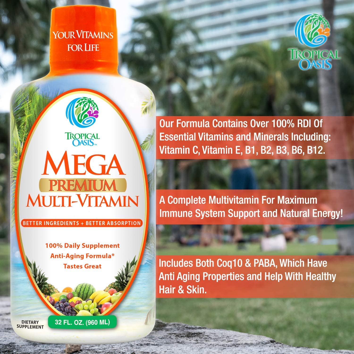 Tropical Oasis Mega Premium ready-to-drink bottle for convenient wellness on the go