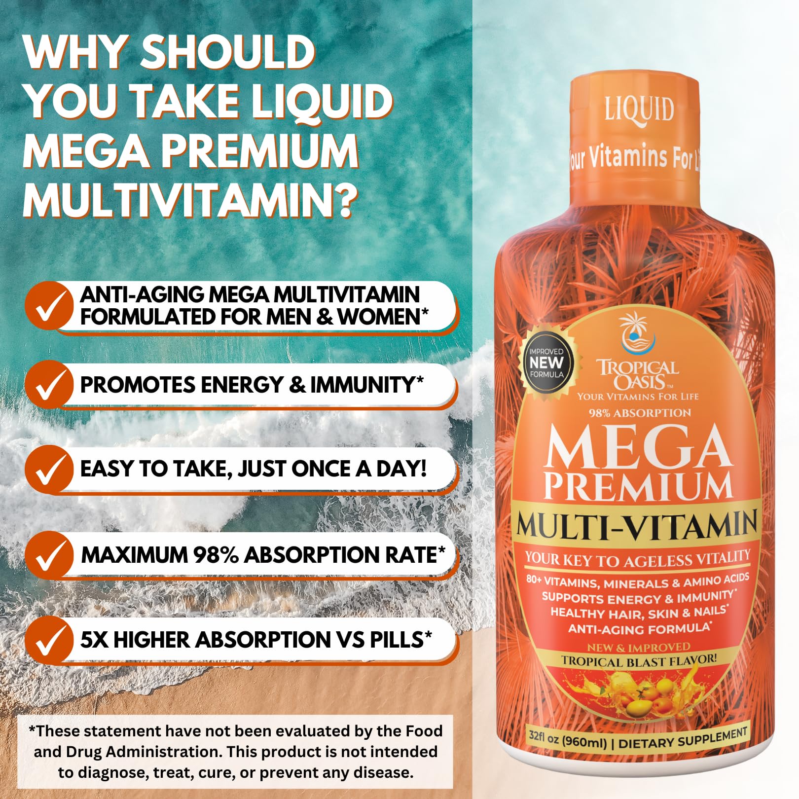 Tropical Oasis Mega Premium label emphasizes sugar-free, gluten-free, non-GMO formula